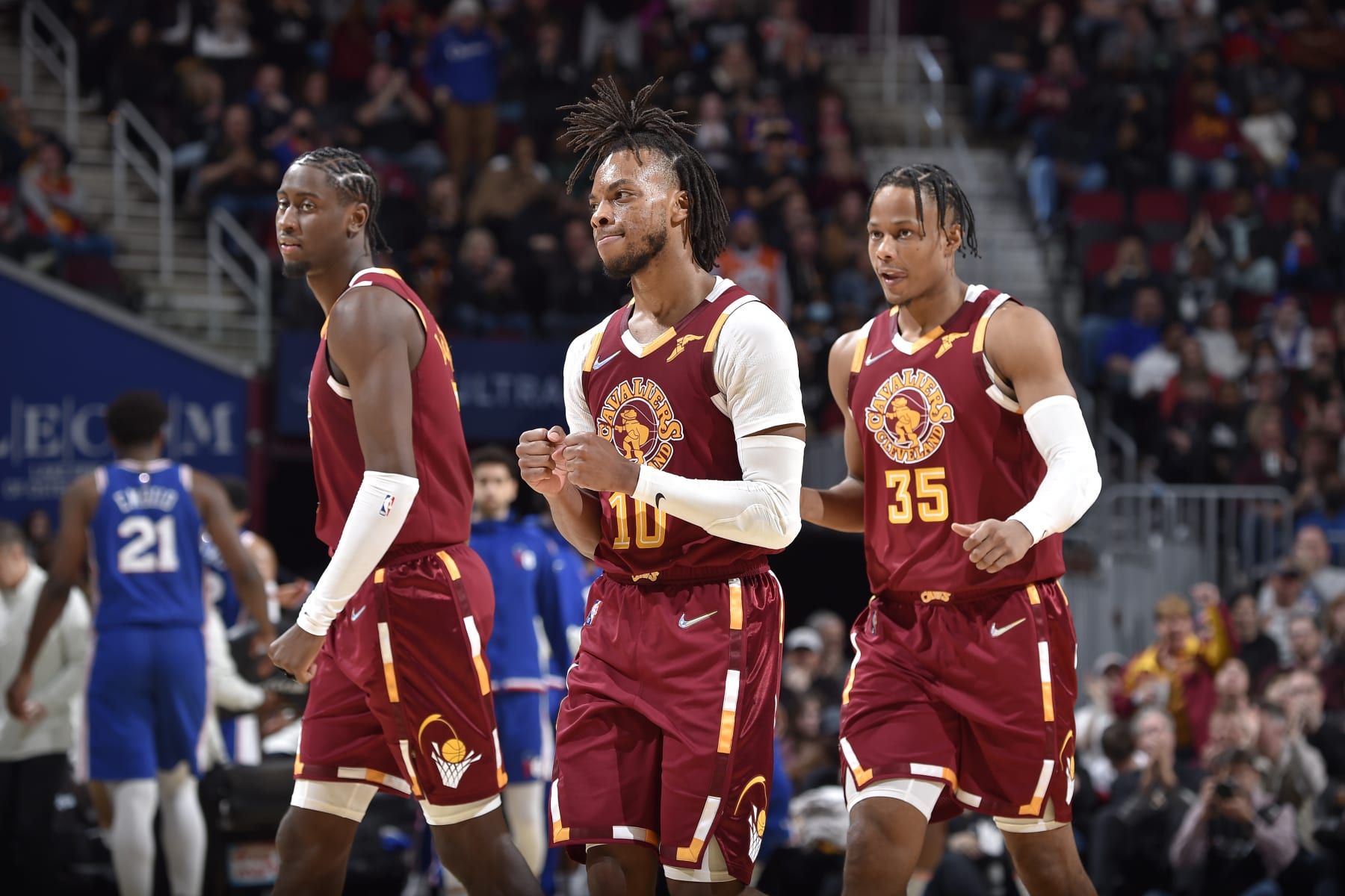 CLEVELAND, OH - APRIL 3: Darius Garland #10 of the Cleveland Cavaliers celebrates during the game against the Philadelphia 76ers on April 3, 2022 at Rocket Mortgage FieldHouse in Cleveland, Ohio. NOTE TO USER: User expressly acknowledges and agrees that, by downloading and/or using this Photograph, user is consenting to the terms and conditions of the Getty Images License Agreement. Mandatory Copyright Notice: Copyright 2022 NBAE (Photo by David Liam Kyle/NBAE via Getty Images)