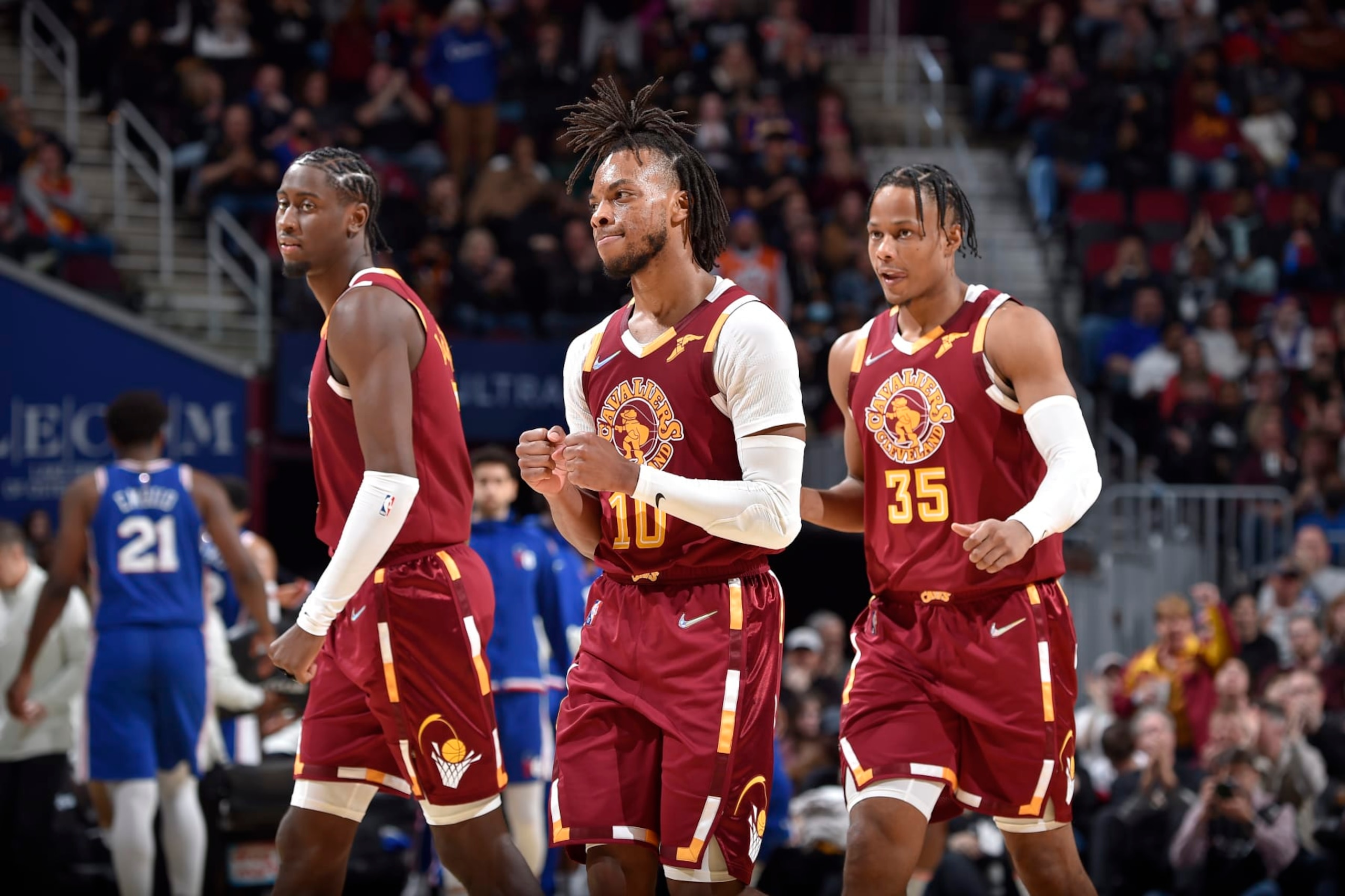 CLEVELAND, OH - APRIL 3: Darius Garland #10 of the Cleveland Cavaliers celebrates during the game against the Philadelphia 76ers on April 3, 2022 at Rocket Mortgage FieldHouse in Cleveland, Ohio. NOTE TO USER: User expressly acknowledges and agrees that, by downloading and/or using this Photograph, user is consenting to the terms and conditions of the Getty Images License Agreement. Mandatory Copyright Notice: Copyright 2022 NBAE (Photo by David Liam Kyle/NBAE via Getty Images)