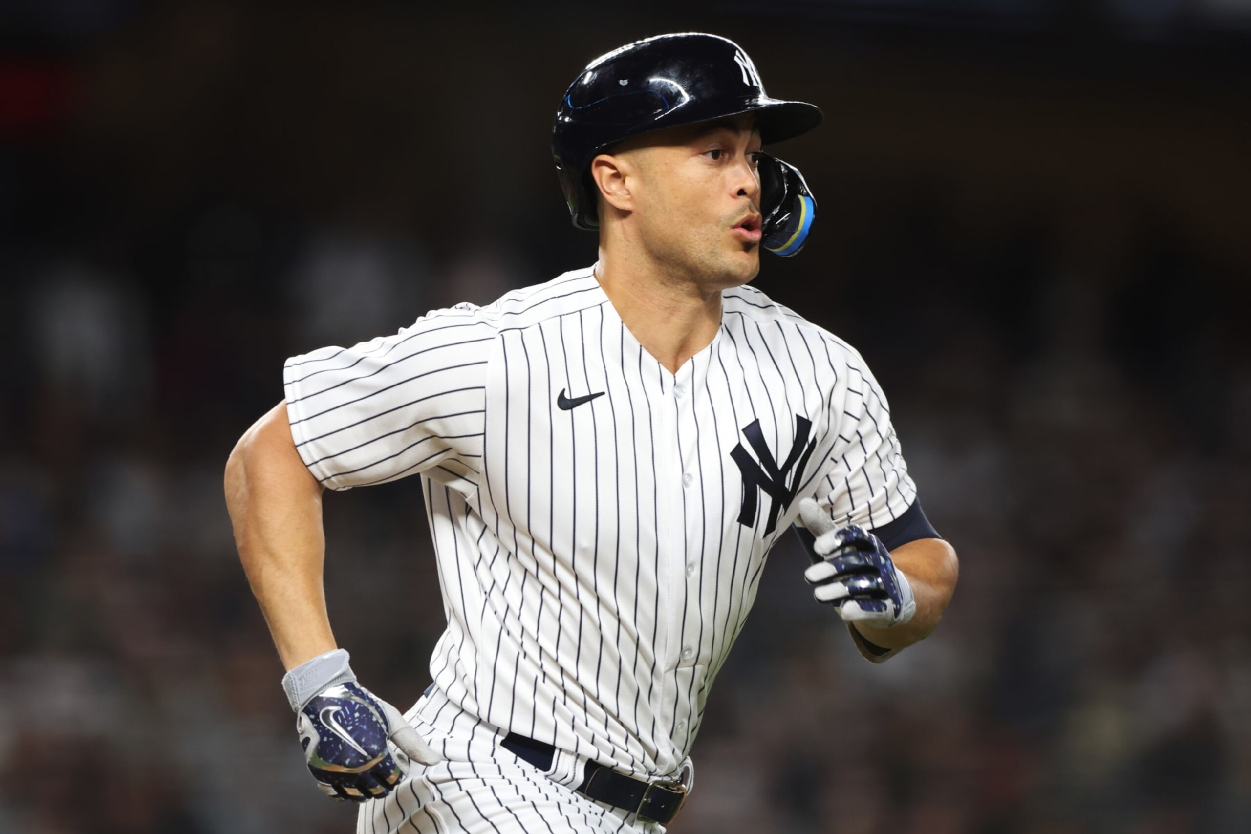 NEW YORK, NY - OCTOBER 11: Giancarlo Stanton #27 of the New York Yankees rounds the bases after grounding out to third base in the sixth inning during the game between the Cleveland Guardians and the New York Yankees at Yankee Stadium on Tuesday, October 11, 2022 in New York, New York. (Photo by Mary DeCicco/MLB Photos via Getty Images)