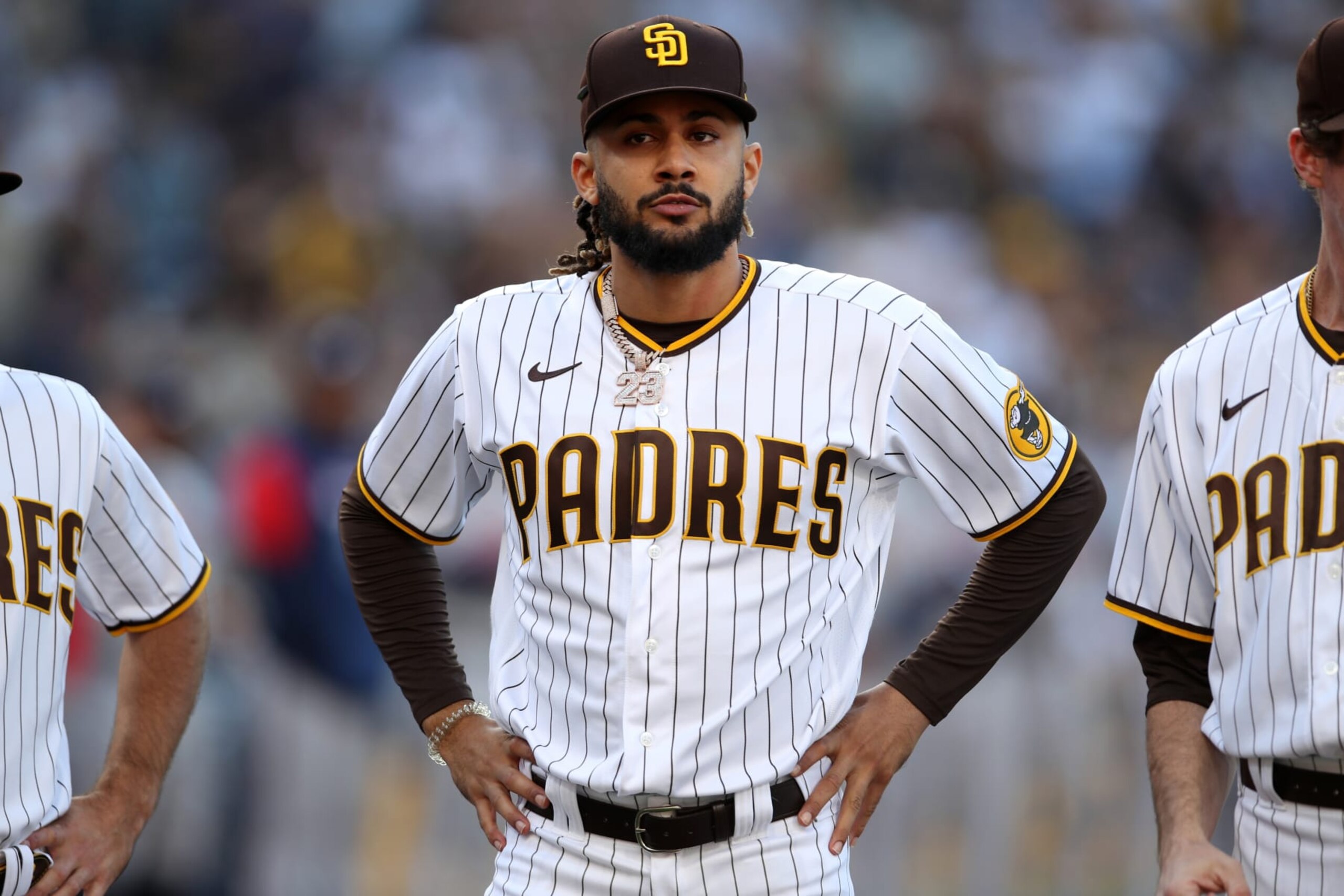 SAN DIEGO, CA - APRIL 14: Fernando Tatis Jr. #23 of the San Diego Padres is introduced before the game between the Atlanta Braves and the San Diego Padres at Petco Park on Thursday, April 14, 2022 in San Diego, California. (Photo by Rob Leiter/MLB Photos via Getty Images)