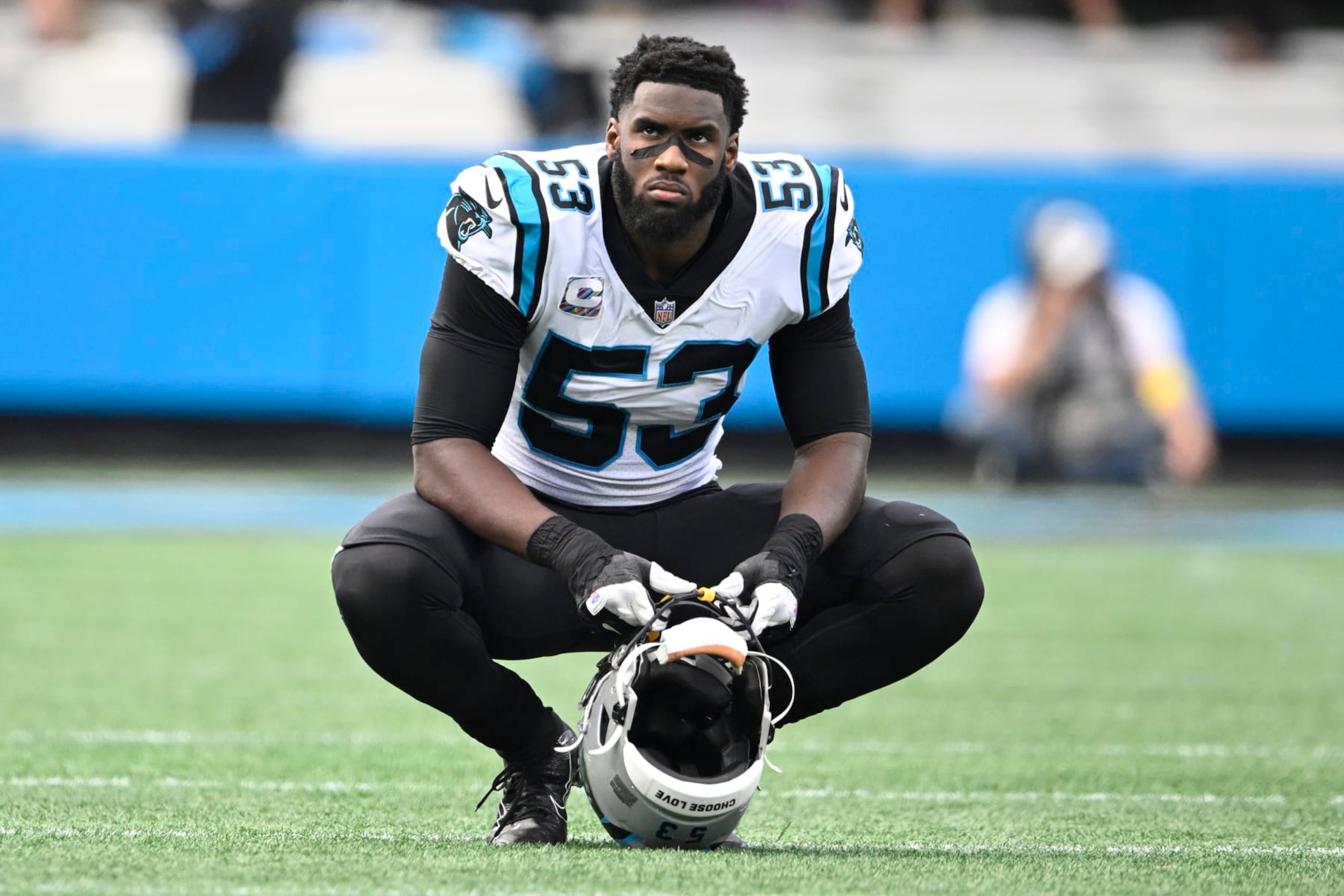CHARLOTTE, NORTH CAROLINA - OCTOBER 09: Brian Burns #53 of the Carolina Panthers waits for a timeout to end in the second quarter of the game against the San Francisco 49ers at Bank of America Stadium on October 09, 2022 in Charlotte, North Carolina. (Photo by Eakin Howard/Getty Images)