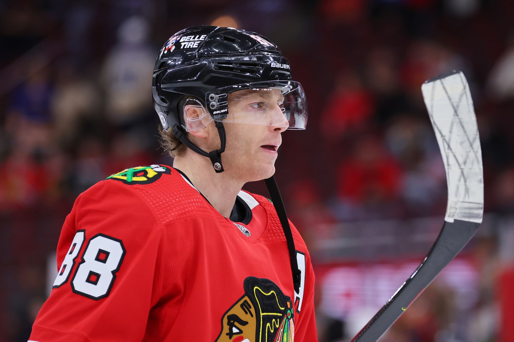 CHICAGO, ILLINOIS - SEPTEMBER 27: Patrick Kane #88 of the Chicago Blackhawks looks on during warm-ups prior to a preseason game against the St. Louis Blues at United Center on September 27, 2022 in Chicago, Illinois. (Photo by Michael Reaves/Getty Images)