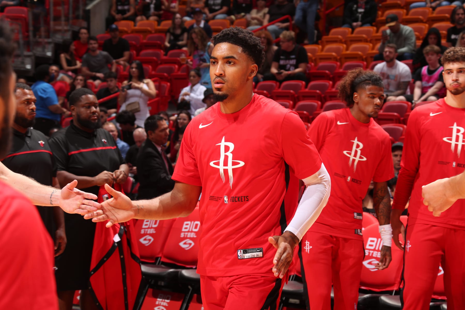 MIAMI, FL - OCTOBER 10: Kenyon Martin Jr. #6 of the Houston Rockets warms up before the game against the Miami Heat on October 10, 2022 at FTX Arena in Miami, Florida. NOTE TO USER: User expressly acknowledges and agrees that, by downloading and or using this Photograph, user is consenting to the terms and conditions of the Getty Images License Agreement. Mandatory Copyright Notice: Copyright 2022 NBAE (Photo by Oscar Baldizon/NBAE via Getty Images)