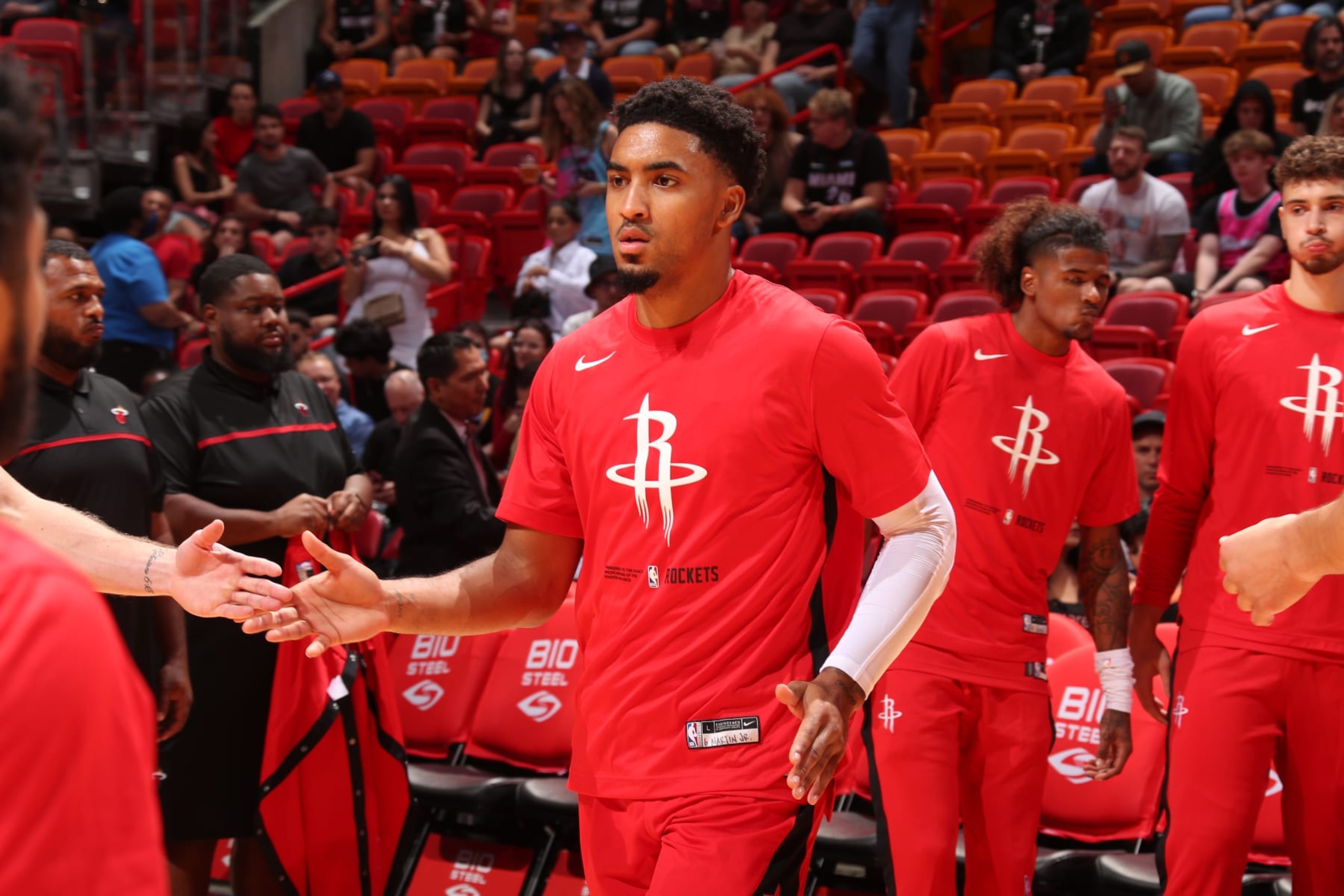 MIAMI, FL - OCTOBER 10: Kenyon Martin Jr. #6 of the Houston Rockets warms up before the game against the Miami Heat on October 10, 2022 at FTX Arena in Miami, Florida. NOTE TO USER: User expressly acknowledges and agrees that, by downloading and or using this Photograph, user is consenting to the terms and conditions of the Getty Images License Agreement. Mandatory Copyright Notice: Copyright 2022 NBAE (Photo by Oscar Baldizon/NBAE via Getty Images)