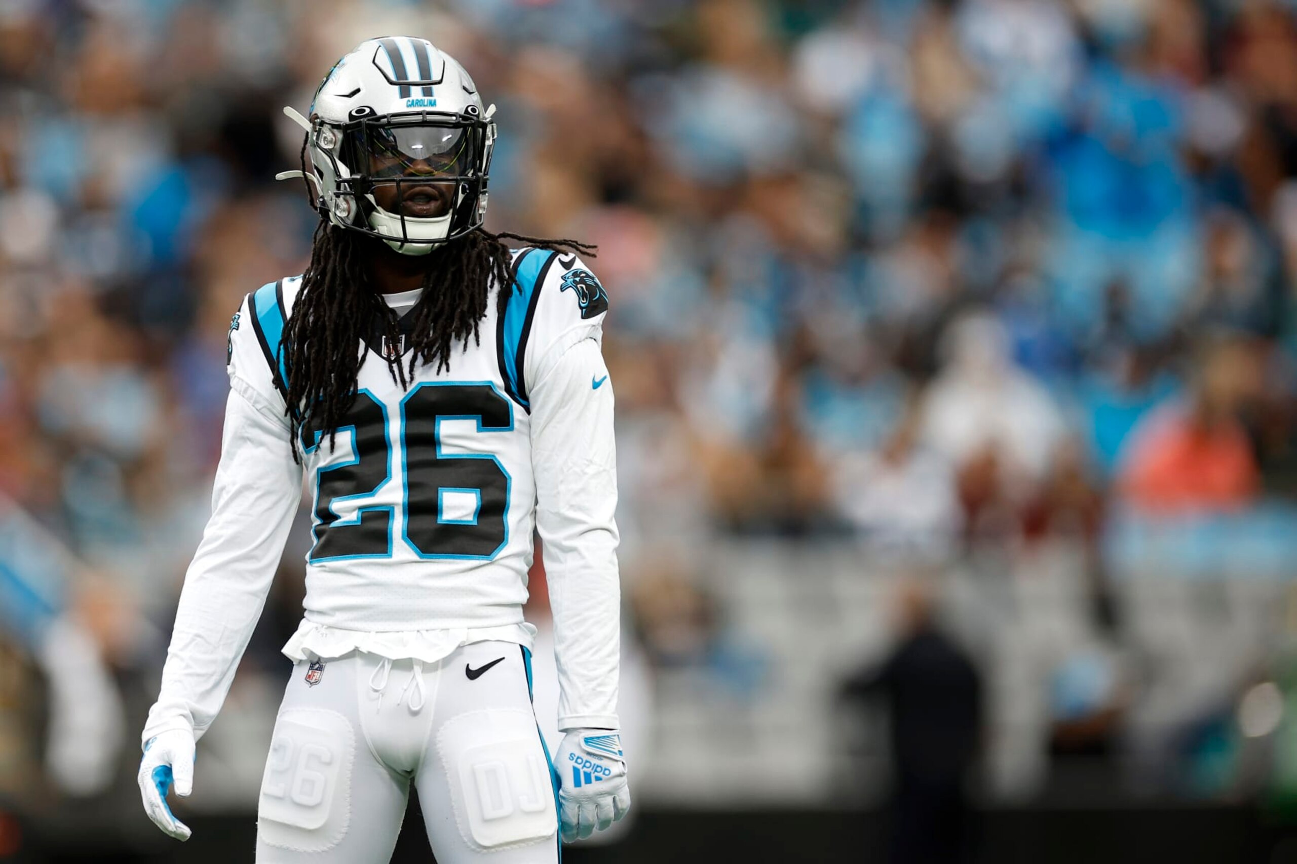 CHARLOTTE, NORTH CAROLINA - OCTOBER 02: Cornerback Donte Jackson #26 of the Carolina Panthers looks on during the first half of their game against the Arizona Cardinals at Bank of America Stadium on October 02, 2022 in Charlotte, North Carolina. (Photo by Jared C. Tilton/Getty Images)