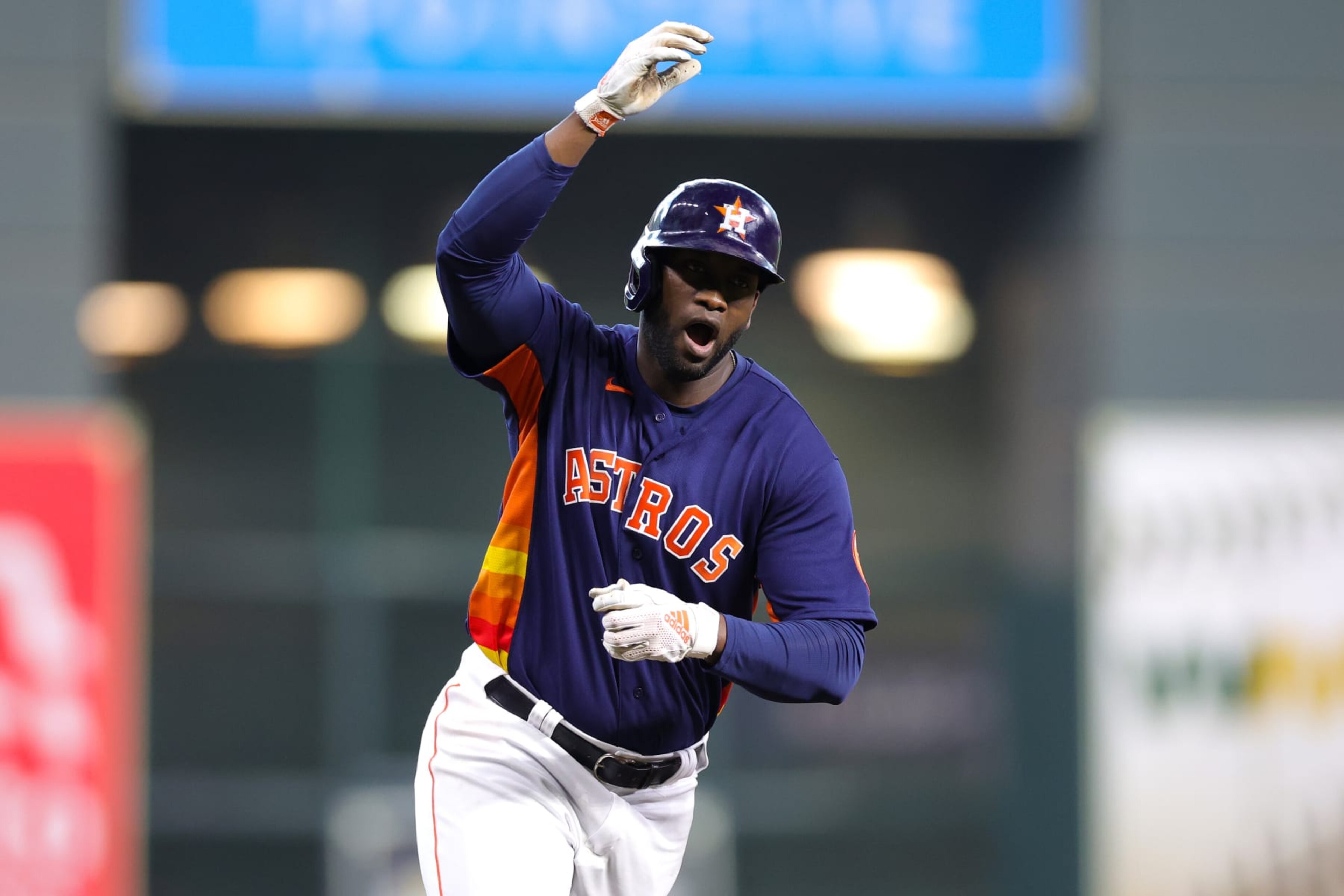 HOUSTON, TEXAS - OCTOBER 13: Yordan Alvarez #44 of the Houston Astros runs the bases after hitting a two-run home run against the Seattle Mariners during the sixth inning in game two of the American League Division Series at Minute Maid Park on October 13, 2022 in Houston, Texas. (Photo by Carmen Mandato/Getty Images)