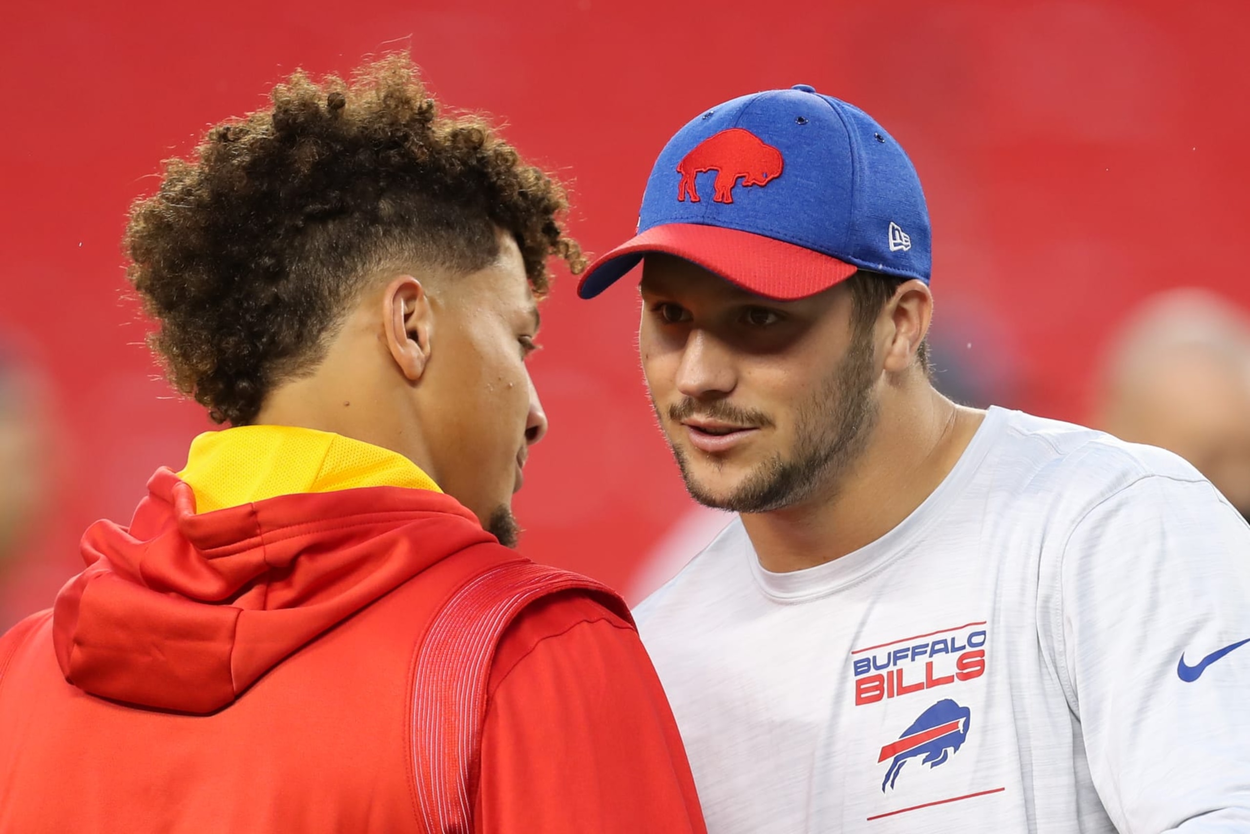KANSAS CITY, MO - OCTOBER 10: Buffalo Bills quarterback Josh Allen (17) and Kansas City Chiefs quarterback Patrick Mahomes (15) hug before an NFL football game between the Buffalo Bills and Kansas City Chiefs on Oct 10, 2021 at GEHA Filed at Arrowhead Stadium in Kansas City, MO. (Photo by Scott Winters/Icon Sportswire via Getty Images)