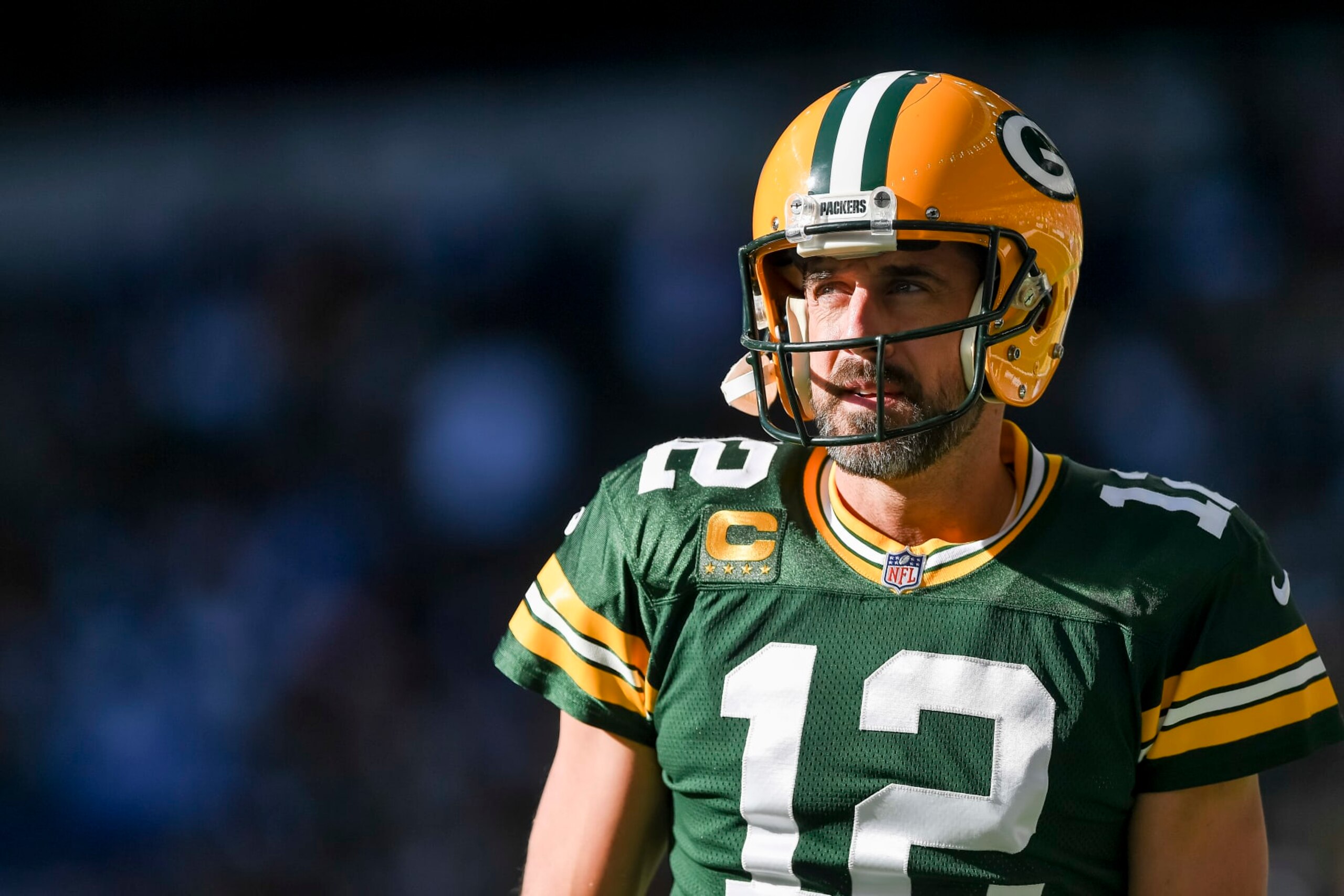 LONDON, ENGLAND - OCTOBER 09: Aaron Rodgers of Green Bay Packers looks on during the NFL match between New York Giants and Green Bay Packers at Tottenham Hotspur Stadium on October 9, 2022 in London, England. (Photo by Vincent Mignott/DeFodi Images via Getty Images)