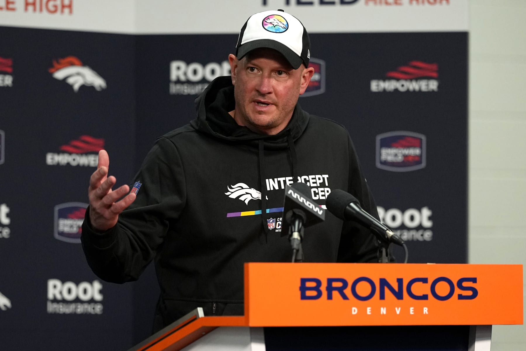 Denver Broncos head coach Nathaniel Hackett speaks after an NFL football game against the Indianapolis Colts, Thursday, Oct. 6, 2022, in Denver. The Colts defeated the Broncos 12-9 in overtime. (AP Photo/Jack Dempsey)