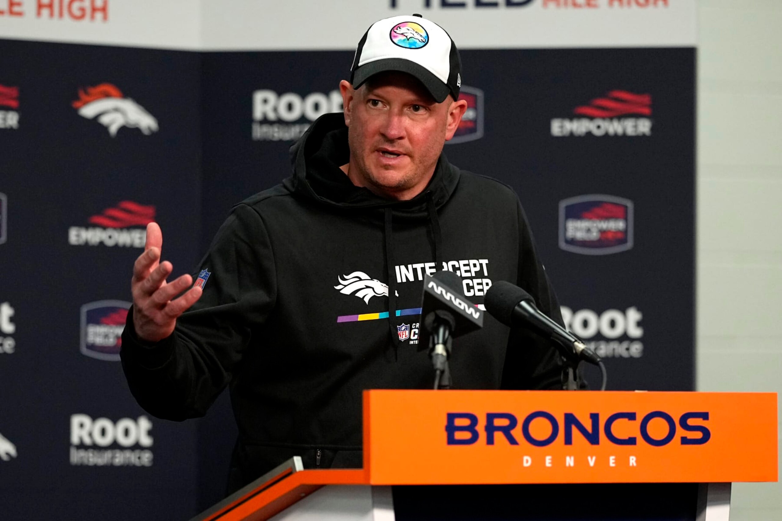 Denver Broncos head coach Nathaniel Hackett speaks after an NFL football game against the Indianapolis Colts, Thursday, Oct. 6, 2022, in Denver. The Colts defeated the Broncos 12-9 in overtime. (AP Photo/Jack Dempsey)