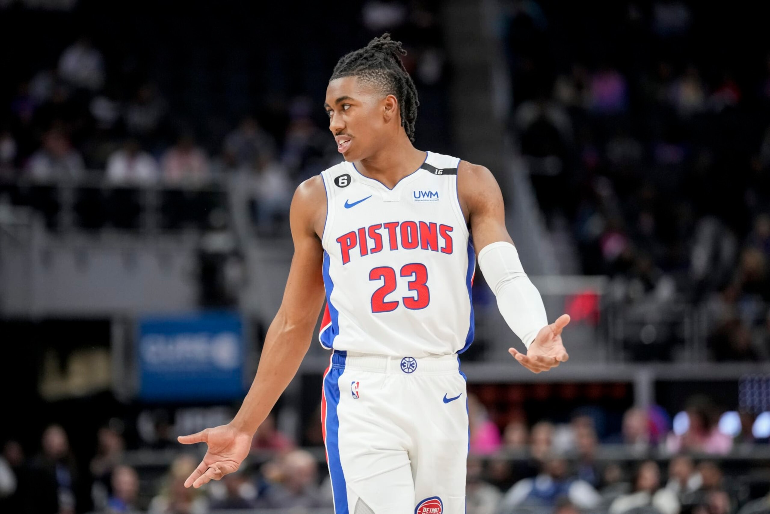 DETROIT, MICHIGAN - OCTOBER 13: Jaden Ivey #23 of the Detroit Pistons reacts against the Memphis Grizzlies during the first quarter at Little Caesars Arena on October 13, 2022 in Detroit, Michigan. NOTE TO USER: User expressly acknowledges and agrees that, by downloading and or using this photograph, User is consenting to the terms and conditions of the Getty Images License Agreement. (Photo by Nic Antaya/Getty Images) DETROIT, MICHIGAN - OCTOBER 13: Jaden Ivey #23 of the Detroit Pistons reacts against the Memphis Grizzlies during the first quarter at Little Caesars Arena on October 13, 2022 in Detroit, Michigan. NOTE TO USER: User expressly acknowledges and agrees that, by downloading and or using this photograph, User is consenting to the terms and conditions of the Getty Images License Agreement. (Photo by Nic Antaya/Getty Images)
