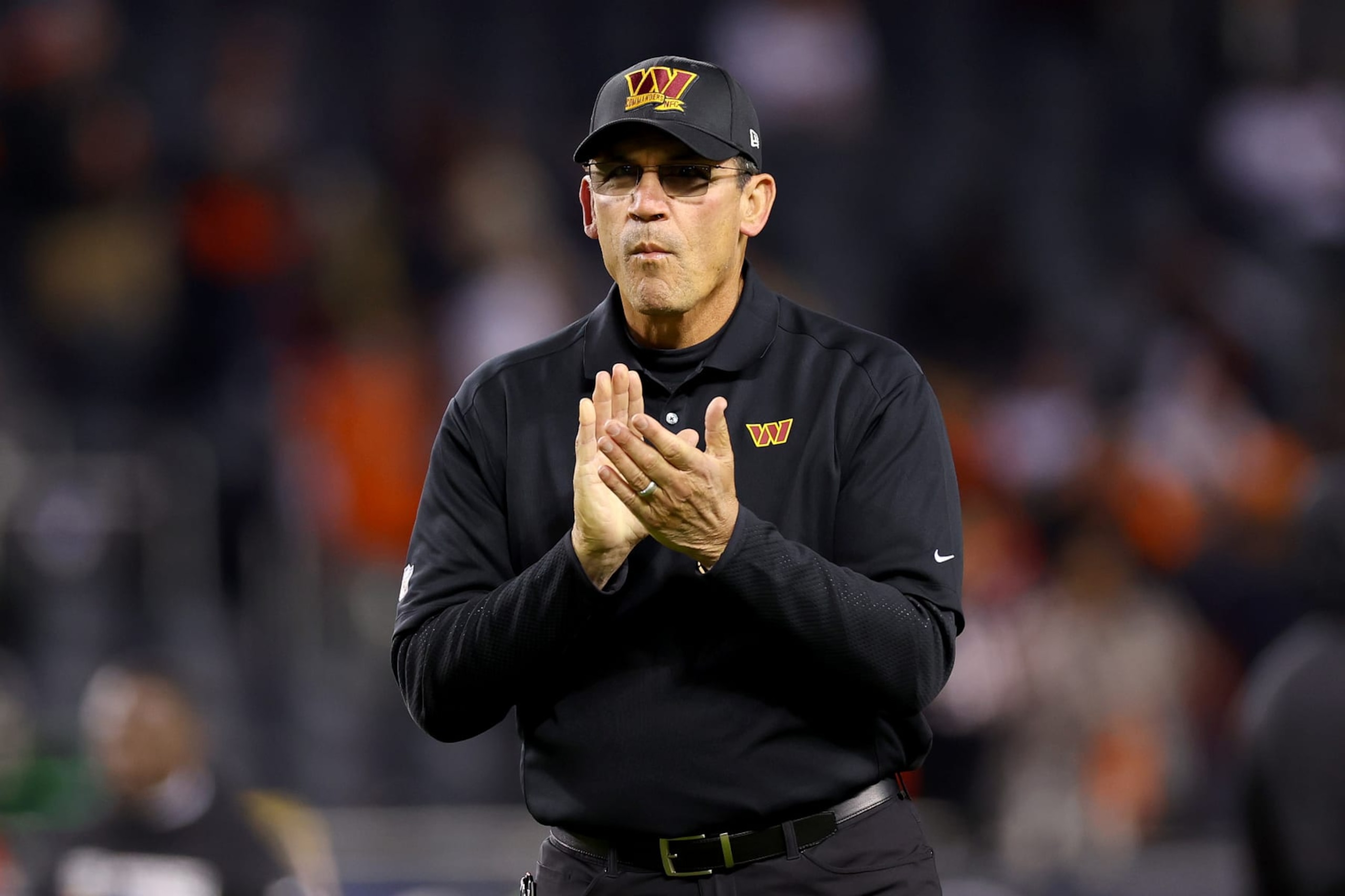 CHICAGO, ILLINOIS - OCTOBER 13: Head coach Ron Rivera of the Washington Commanders looks on before the game against the Chicago Bears at Soldier Field on October 13, 2022 in Chicago, Illinois. (Photo by Michael Reaves/Getty Images)