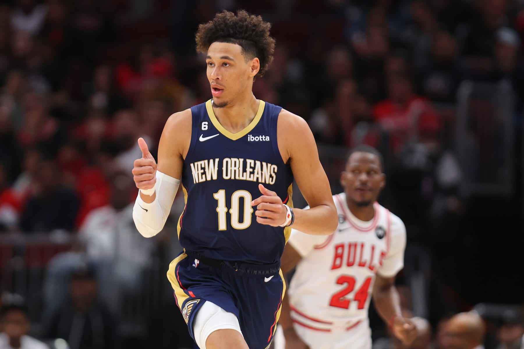 CHICAGO, ILLINOIS - OCTOBER 04: Jaxson Hayes #10 of the New Orleans Pelicans celebrates a basket against the Chicago Bulls during the first half of a preseason game at the United Center on October 04, 2022 in Chicago, Illinois.NOTE TO USER: User expressly acknowledges and agrees that, by downloading and or using this photograph, User is consenting to the terms and conditions of the Getty Images License Agreement. (Photo by Michael Reaves/Getty Images)