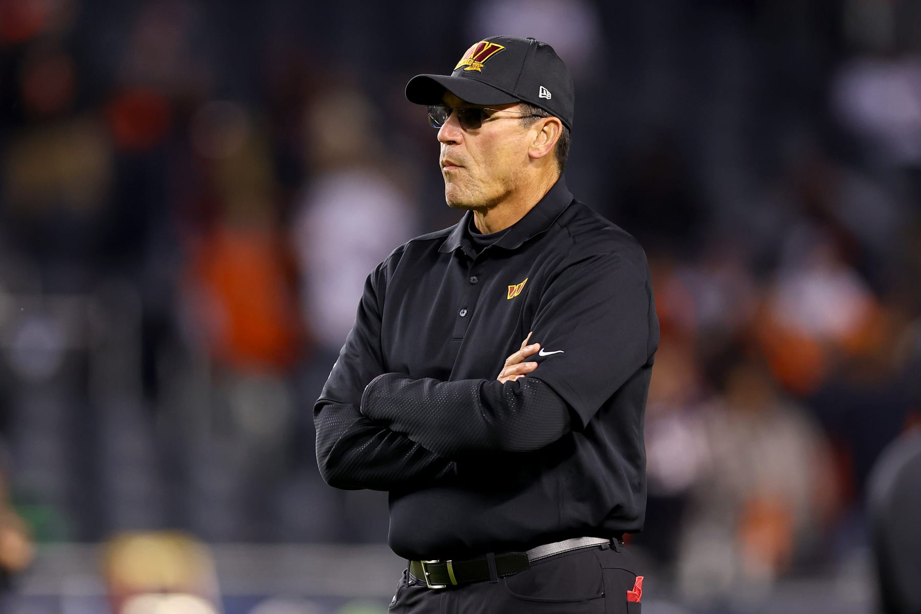 CHICAGO, ILLINOIS - OCTOBER 13: Head coach Ron Rivera of the Washington Commanders looks on before the game against the Chicago Bears at Soldier Field on October 13, 2022 in Chicago, Illinois. (Photo by Michael Reaves/Getty Images)