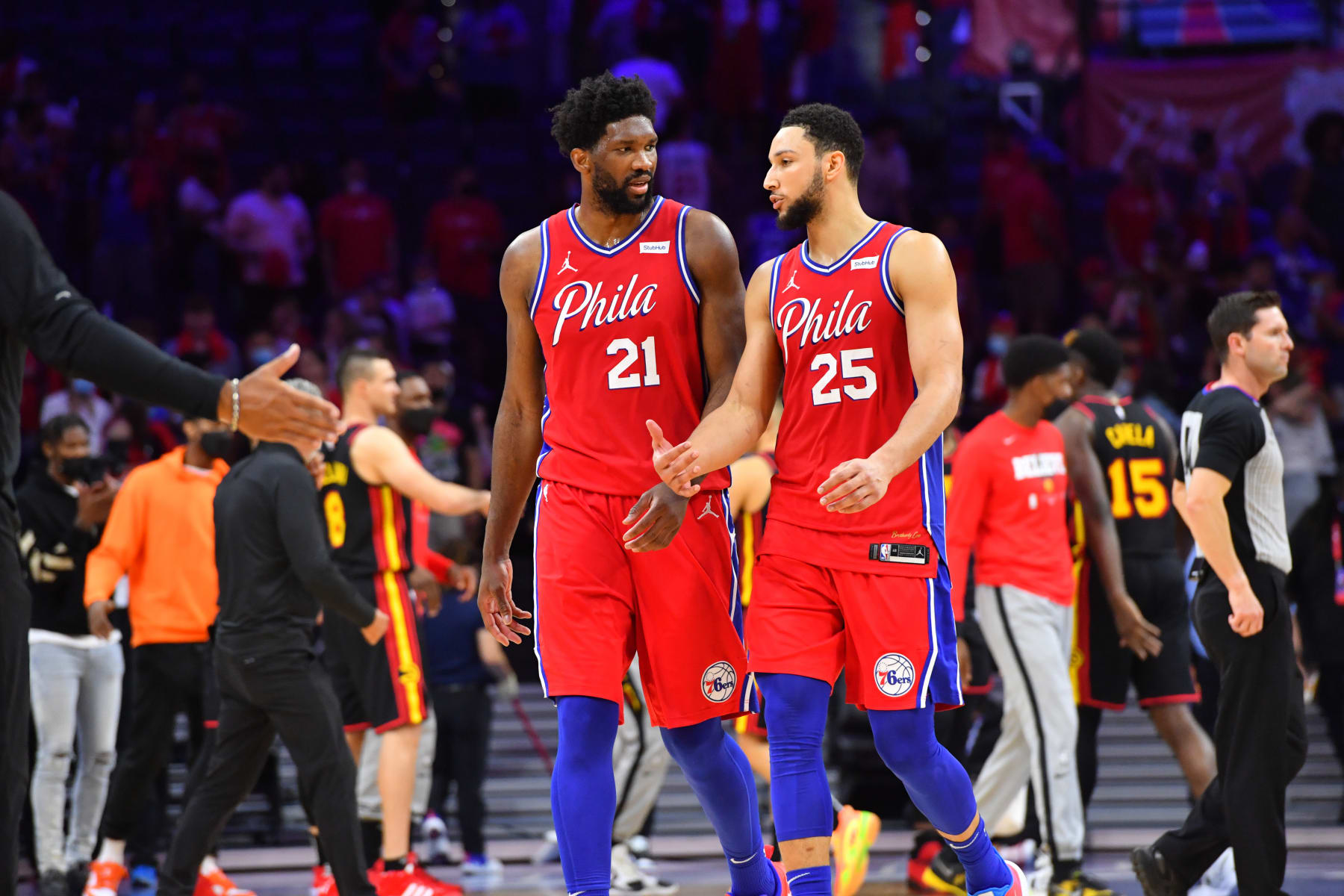 PHILADELPHIA, PA - JUNE 6: Joel Embiid #21 of the Philadelphia 76ers and Ben Simmons #25 of the Philadelphia 76ers talk after a game during Round 2, Game 1 of the Eastern Conference Playoffs on June 6, 2021 at Wells Fargo Center in Philadelphia, Pennsylvania. NOTE TO USER: User expressly acknowledges and agrees that, by downloading and/or using this Photograph, user is consenting to the terms and conditions of the Getty Images License Agreement. Mandatory Copyright Notice: Copyright 2021 NBAE (Photo by Jesse D. Garrabrant/NBAE via Getty Images)