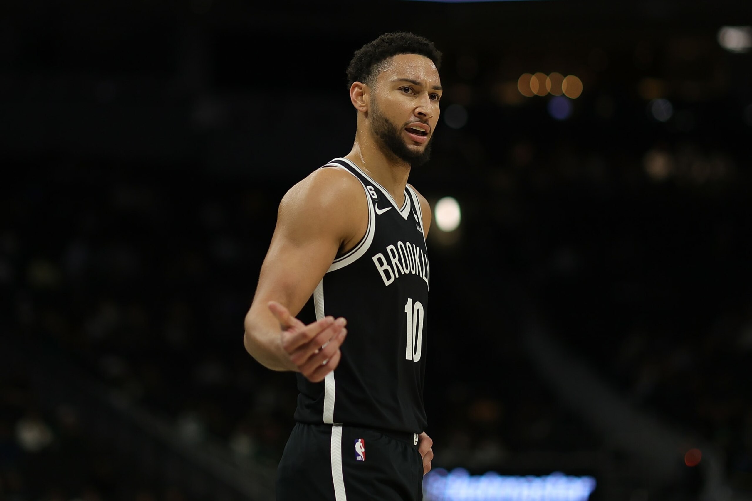 MILWAUKEE, WISCONSIN - OCTOBER 12: Ben Simmons #10 of the Brooklyn Nets reacts to an officials call during a preseason game against the Milwaukee Bucks at Fiserv Forum on October 12, 2022 in Milwaukee, Wisconsin. NOTE TO USER: User expressly acknowledges and agrees that, by downloading and or using this photograph, User is consenting to the terms and conditions of the Getty Images License Agreement. (Photo by Stacy Revere/Getty Images)
