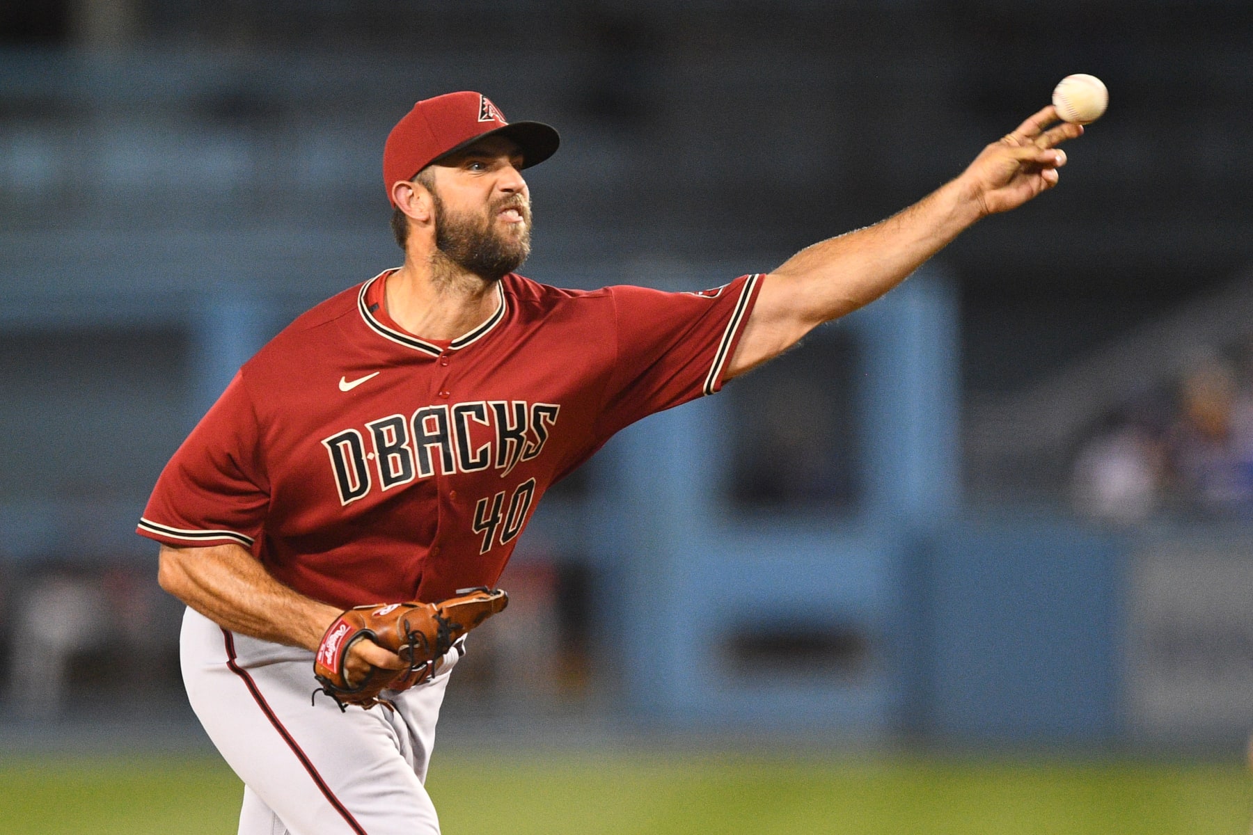 LOS ANGELES, CA - SEPTEMBER 21: Arizona Diamondbacks pitcher Madison Bumgarner (40) throws a pitch during the MLB game between the Arizona Diamondbacks and the Los Angeles Dodgers on September 21, 2022 at Dodger Stadium in Los Angeles, CA. (Photo by Brian Rothmuller/Icon Sportswire via Getty Images)