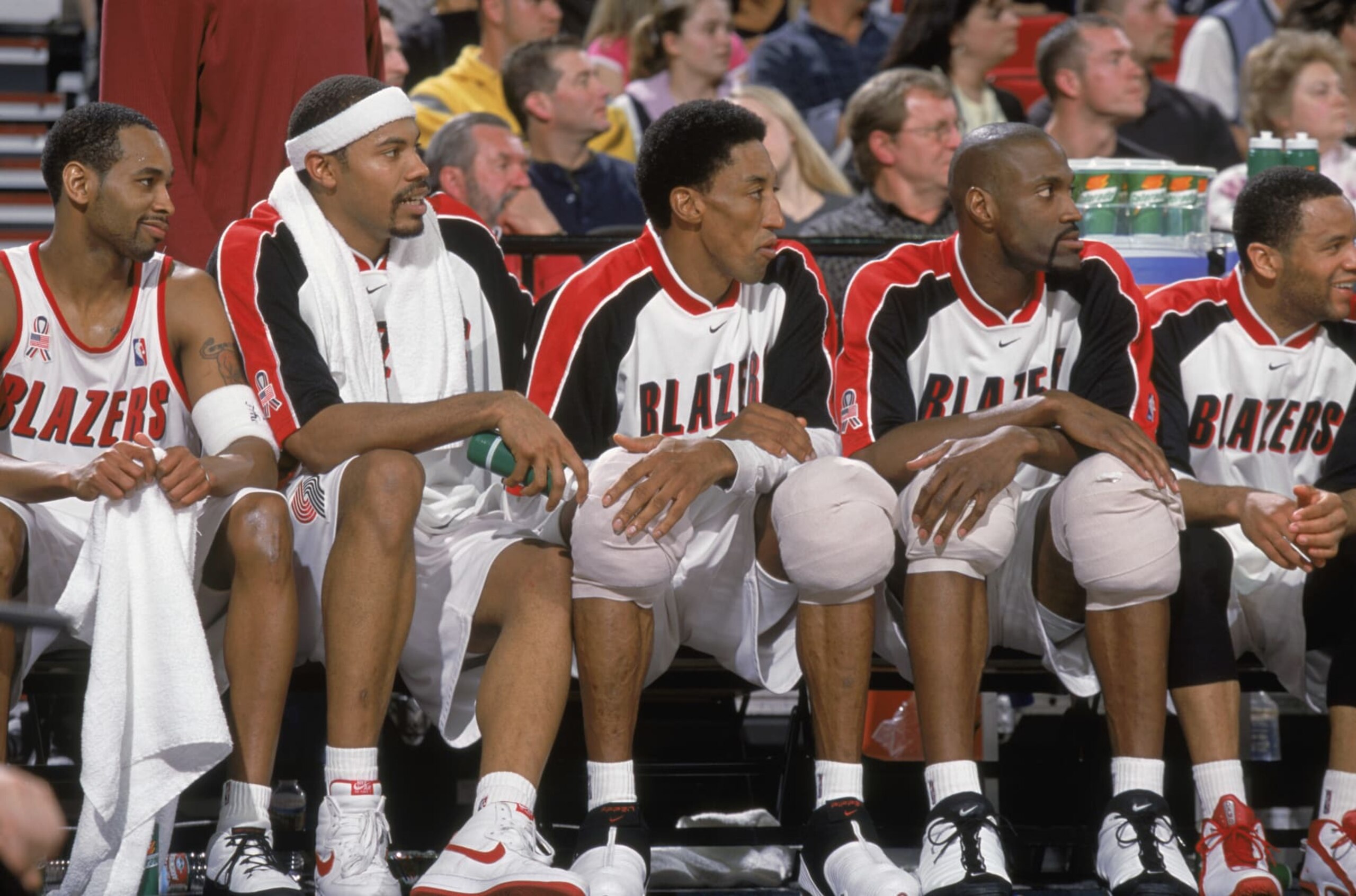 6 Apr 2002:  (From left to right) Guard Derek Anderson #1 of the Portland Trail Blazers sits on the bench with his teammates - center Rasheed Wallace #30, forward Scottie Pippen #33, center Dale Davis #34, and guard Damon Stoudamire #3 - during the NBA game against the Golden State Warriors at the Rose Garden in Portland, Oregon. The Blazers won, 113-86. \ NOTE TO USER: User expressly acknowledges and agrees that, by downloading and/or using this Photograph, User is consenting to the terms and conditions of the Getty Images License Agreement. \ Mandatory copyright notice:  Copyright 2002 NBAE \ Mandatory Credit:  Sam Forencich/NBAE/Getty Images