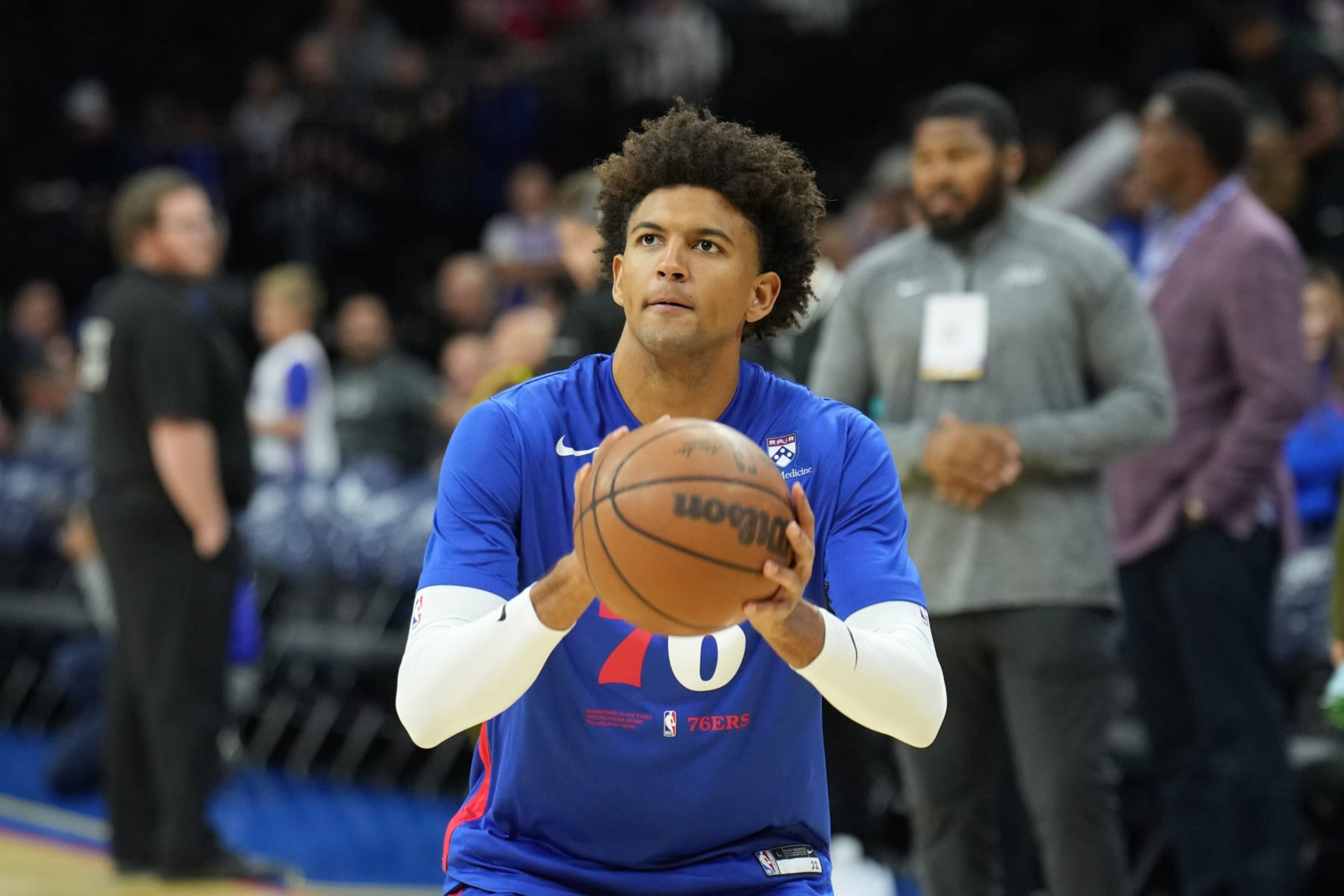PHILADELPHIA, PA - OCTOBER 12: Matisse Thybulle #22 of the Philadelphia 76ers warms up before a preseason game against the Charlotte Hornets on October 12, 2022 at the Wells Fargo Center in Philadelphia, Pennsylvania NOTE TO USER: User expressly acknowledges and agrees that, by downloading and/or using this Photograph, user is consenting to the terms and conditions of the Getty Images License Agreement. Mandatory Copyright Notice: Copyright 2022 NBAE (Photo by Jesse D. Garrabrant/NBAE via Getty Images) PHILADELPHIA, PA - OCTOBER 12: Matisse Thybulle #22 of the Philadelphia 76ers warms up before a preseason game against the Charlotte Hornets on October 12, 2022 at the Wells Fargo Center in Philadelphia, Pennsylvania NOTE TO USER: User expressly acknowledges and agrees that, by downloading and/or using this Photograph, user is consenting to the terms and conditions of the Getty Images License Agreement. Mandatory Copyright Notice: Copyright 2022 NBAE (Photo by Jesse D. Garrabrant/NBAE via Getty Images)