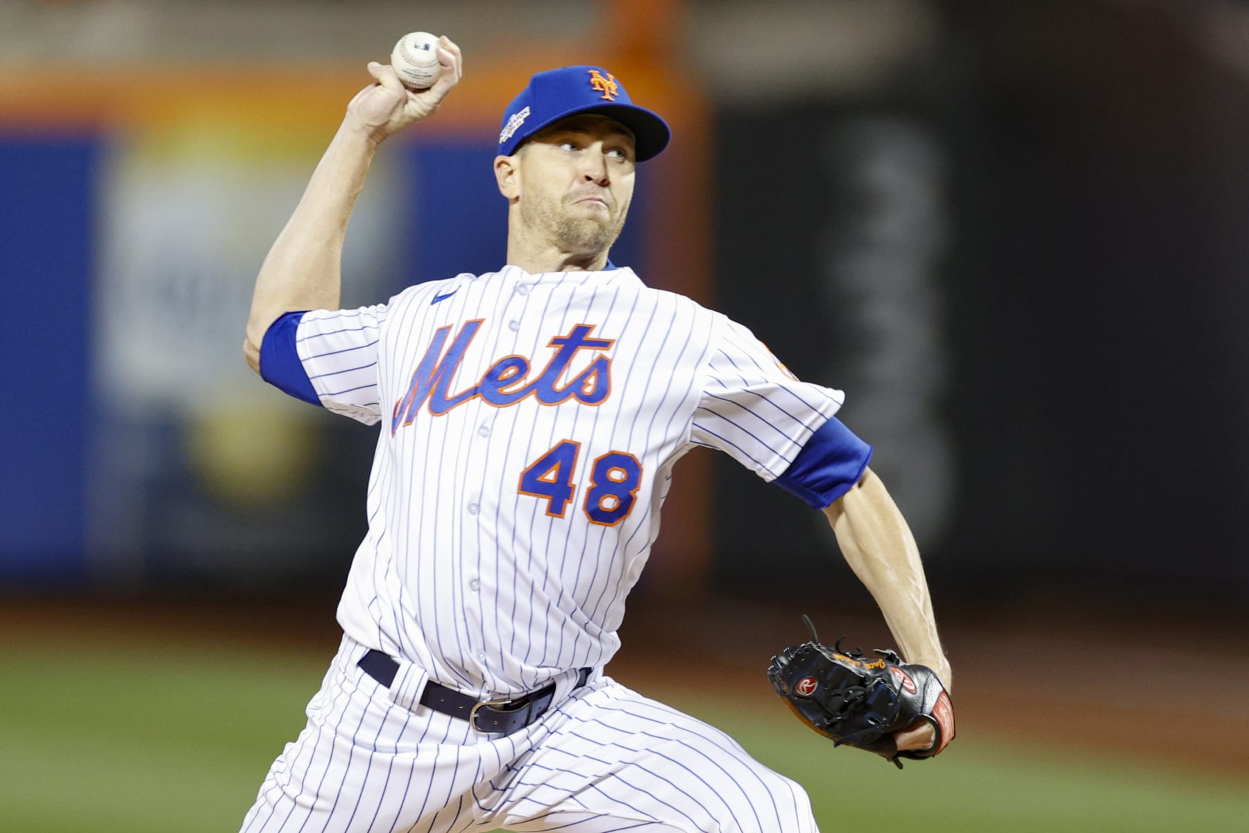 NEW YORK, NEW YORK - OCTOBER 08: Jacob deGrom #48 of the New York Mets delivers during the first inning against the San Diego Padres in game two of the Wild Card Series at Citi Field on October 08, 2022 in New York City. (Photo by Sarah Stier/Getty Images) NEW YORK, NEW YORK - OCTOBER 08: Jacob deGrom #48 of the New York Mets delivers during the first inning against the San Diego Padres in game two of the Wild Card Series at Citi Field on October 08, 2022 in New York City. (Photo by Sarah Stier/Getty Images)