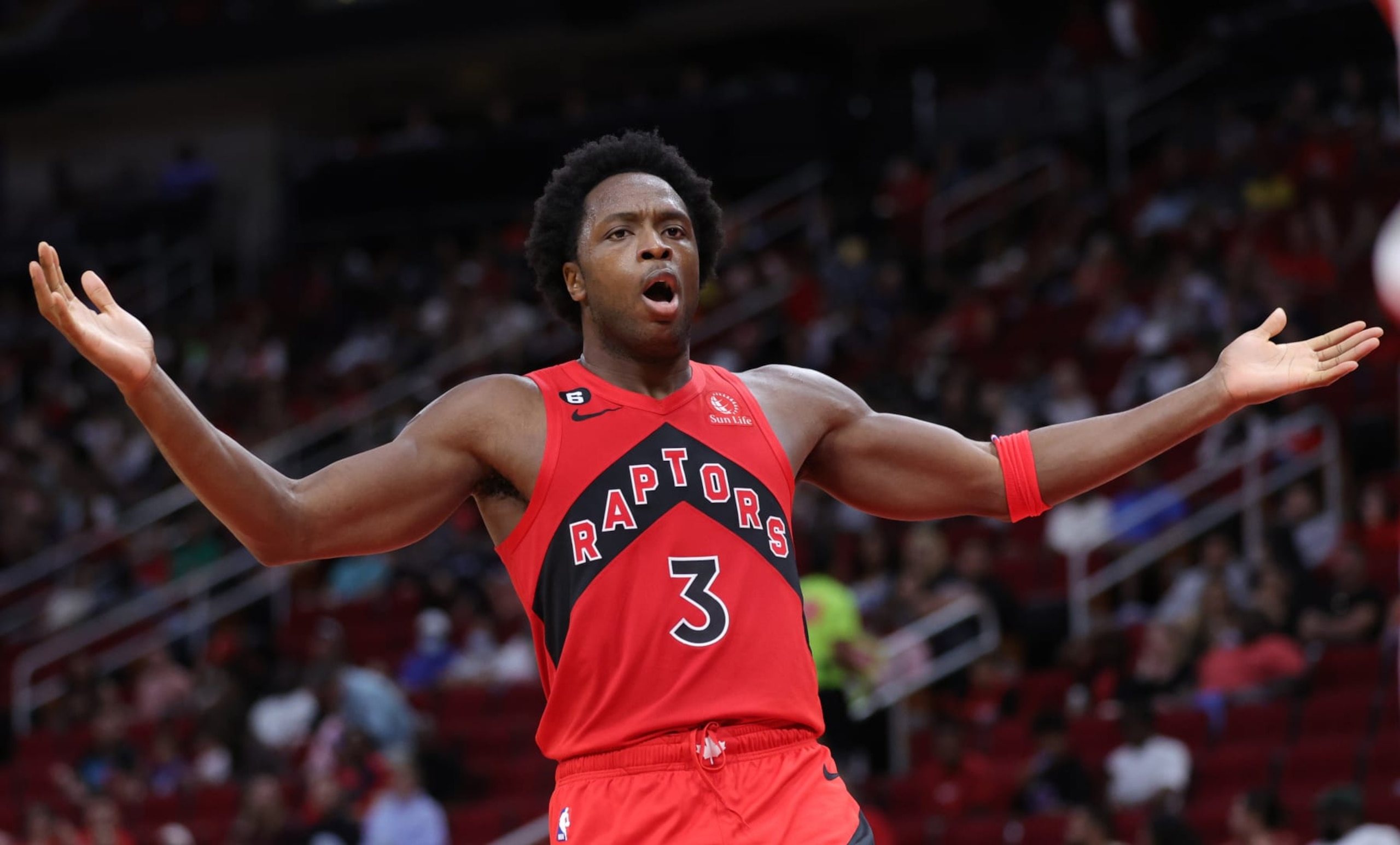 HOUSTON, TEXAS - OCTOBER 07: OG Anunoby #3 of the Toronto Raptors reacts to a call against the Houston Rockets during the second half at Toyota Center on October 07, 2022 in Houston, Texas. NOTE TO USER: User expressly acknowledges and agrees that, by downloading and or using this photograph, User is consenting to the terms and conditions of the Getty Images License Agreement. (Photo by Carmen Mandato/Getty Images)