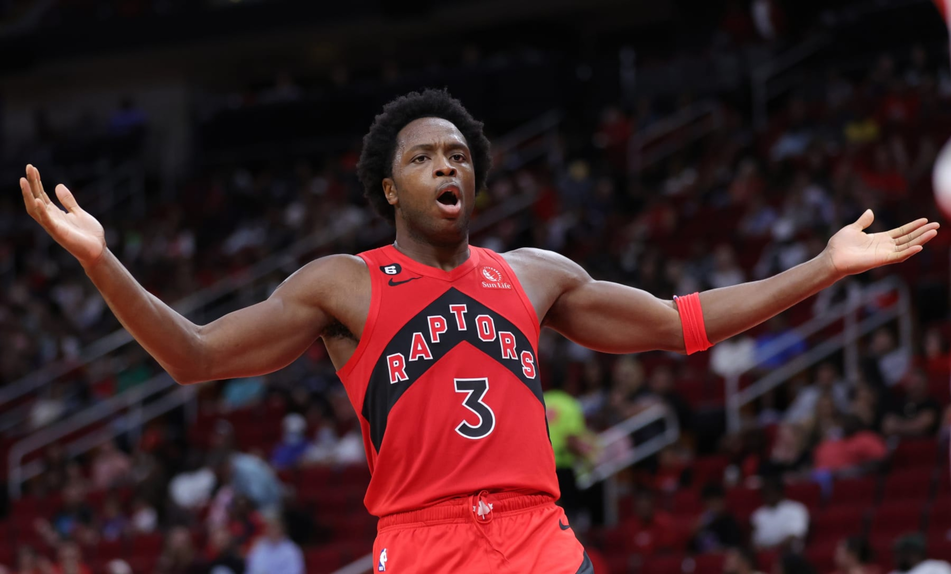 HOUSTON, TEXAS - OCTOBER 07: OG Anunoby #3 of the Toronto Raptors reacts to a call against the Houston Rockets during the second half at Toyota Center on October 07, 2022 in Houston, Texas. NOTE TO USER: User expressly acknowledges and agrees that, by downloading and or using this photograph, User is consenting to the terms and conditions of the Getty Images License Agreement. (Photo by Carmen Mandato/Getty Images) HOUSTON, TEXAS - OCTOBER 07: OG Anunoby #3 of the Toronto Raptors reacts to a call against the Houston Rockets during the second half at Toyota Center on October 07, 2022 in Houston, Texas. NOTE TO USER: User expressly acknowledges and agrees that, by downloading and or using this photograph, User is consenting to the terms and conditions of the Getty Images License Agreement. (Photo by Carmen Mandato/Getty Images)