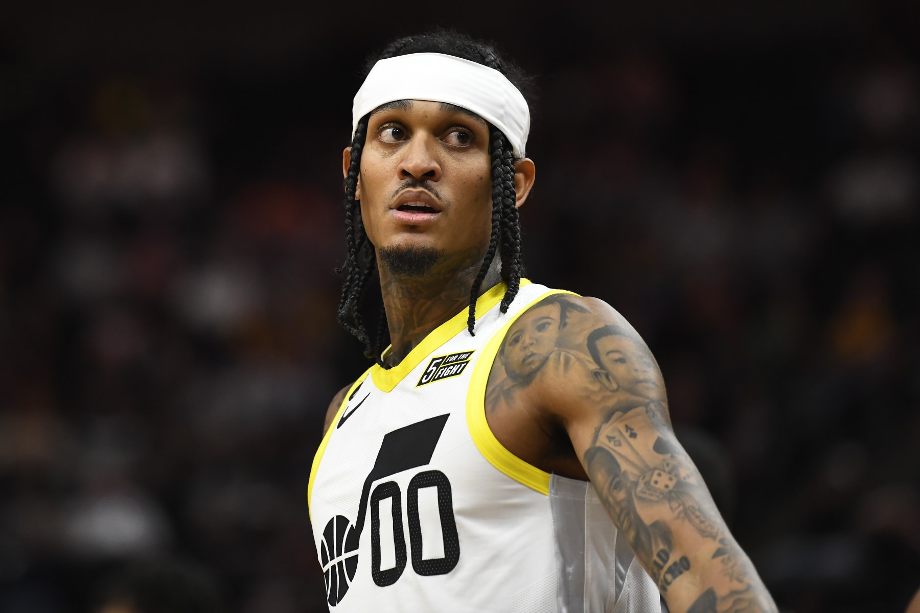 SALT LAKE CITY, UTAH - OCTOBER 11: Jordan Clarkson #00 of the Utah Jazz looks on during a game against the San Antonio Spurs at Vivint Arena on October 11, 2022 in Salt Lake City, Utah. NOTE TO USER: User expressly acknowledges and agrees that, by downloading and or using this photograph, User is consenting to the terms and conditions of the Getty Images License Agreement. (Photo by Alex Goodlett/Getty Images)