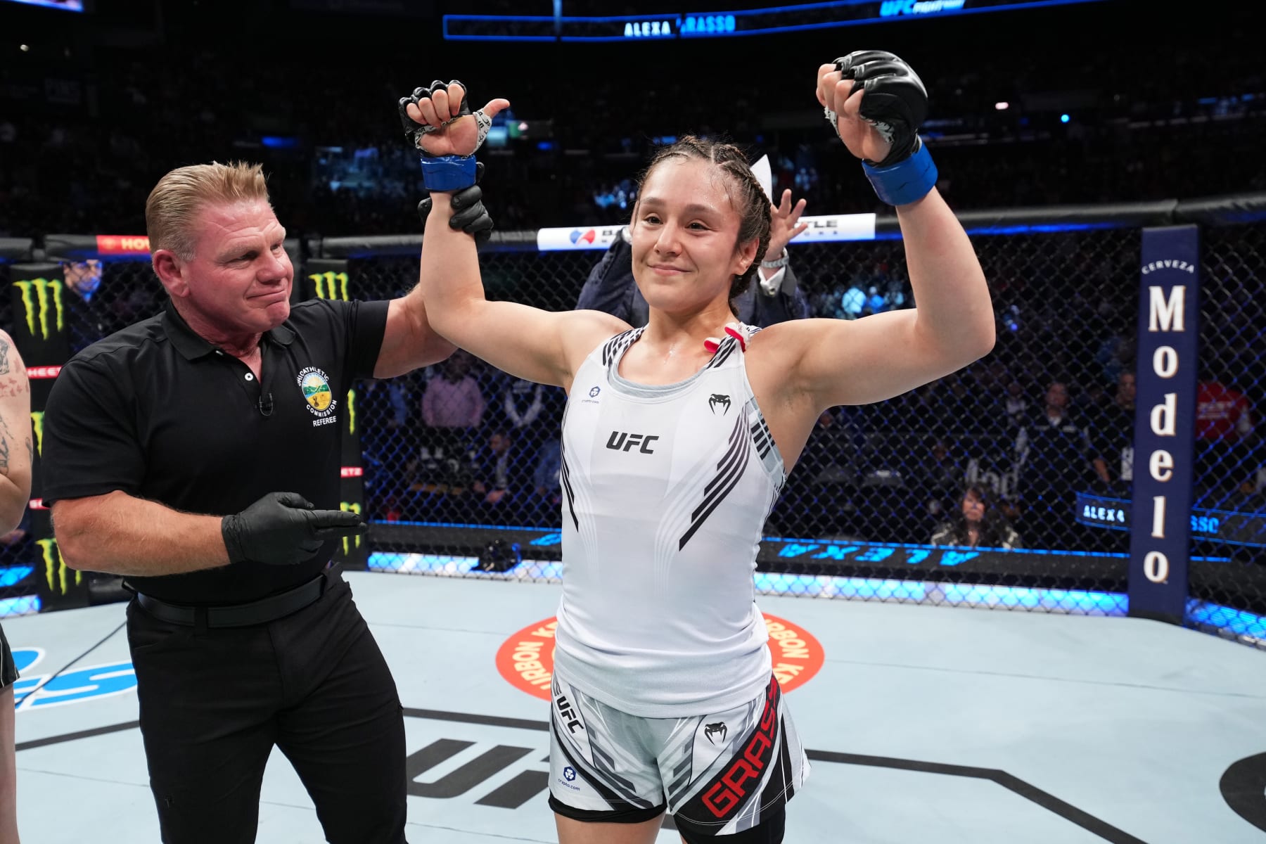COLUMBUS, OHIO - MARCH 26: Alexa Grasso of Mexico celebrates her submission victory over Joanne Wood of Scotland in a flyweight fight during the UFC Fight Night event at Nationwide Arena on March 26, 2022 in Columbus, Ohio. (Photo by Josh Hedges/Zuffa LLC)