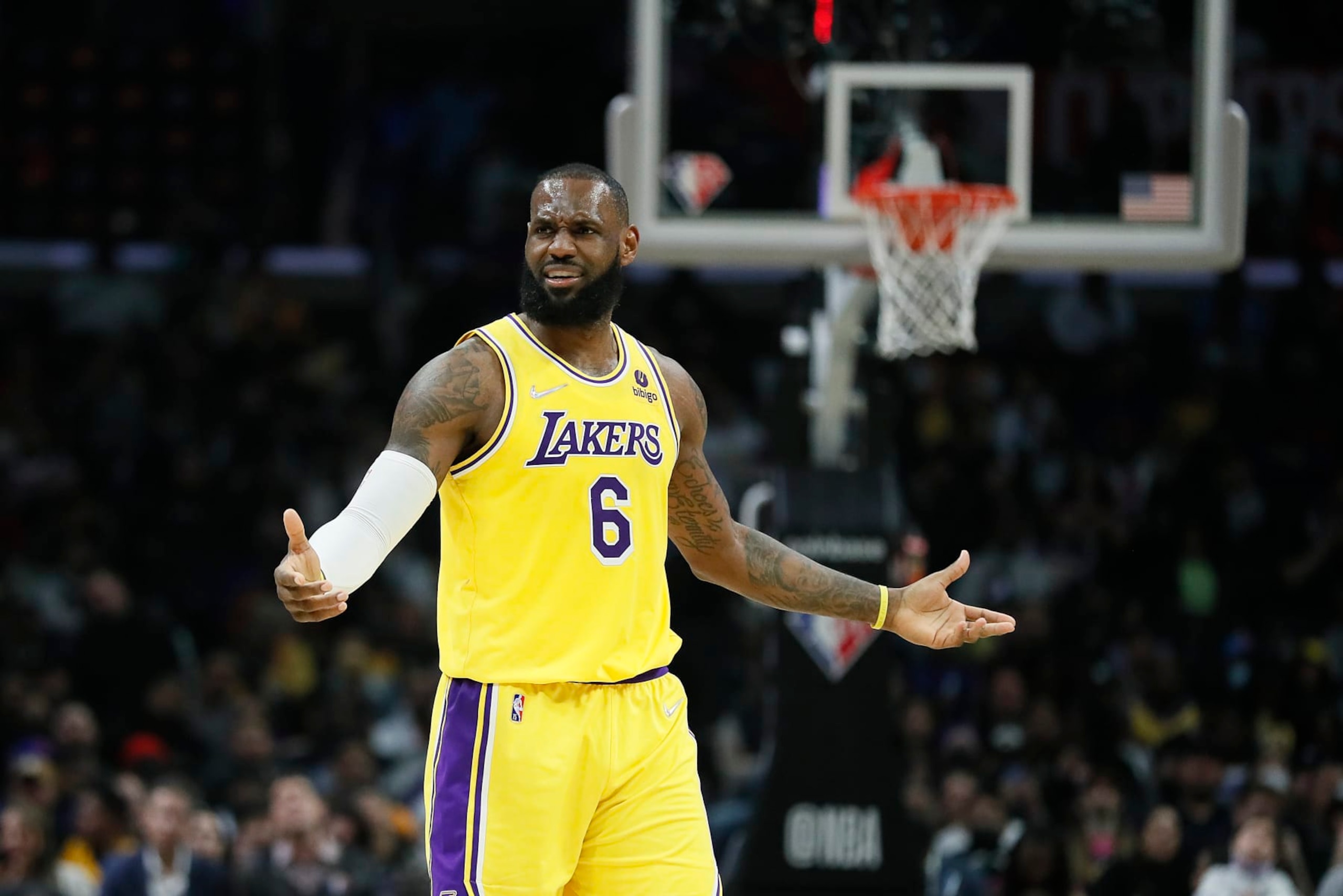 Los Angeles, CA, Thursday, March 3, 2022 - Los Angeles Lakers forward LeBron James (6) shows dissatisfaction with a ref's call late in the game against the LA Clippers at Crypto.Com Arena. (Robert Gauthier/Los Angeles Times via Getty Images)