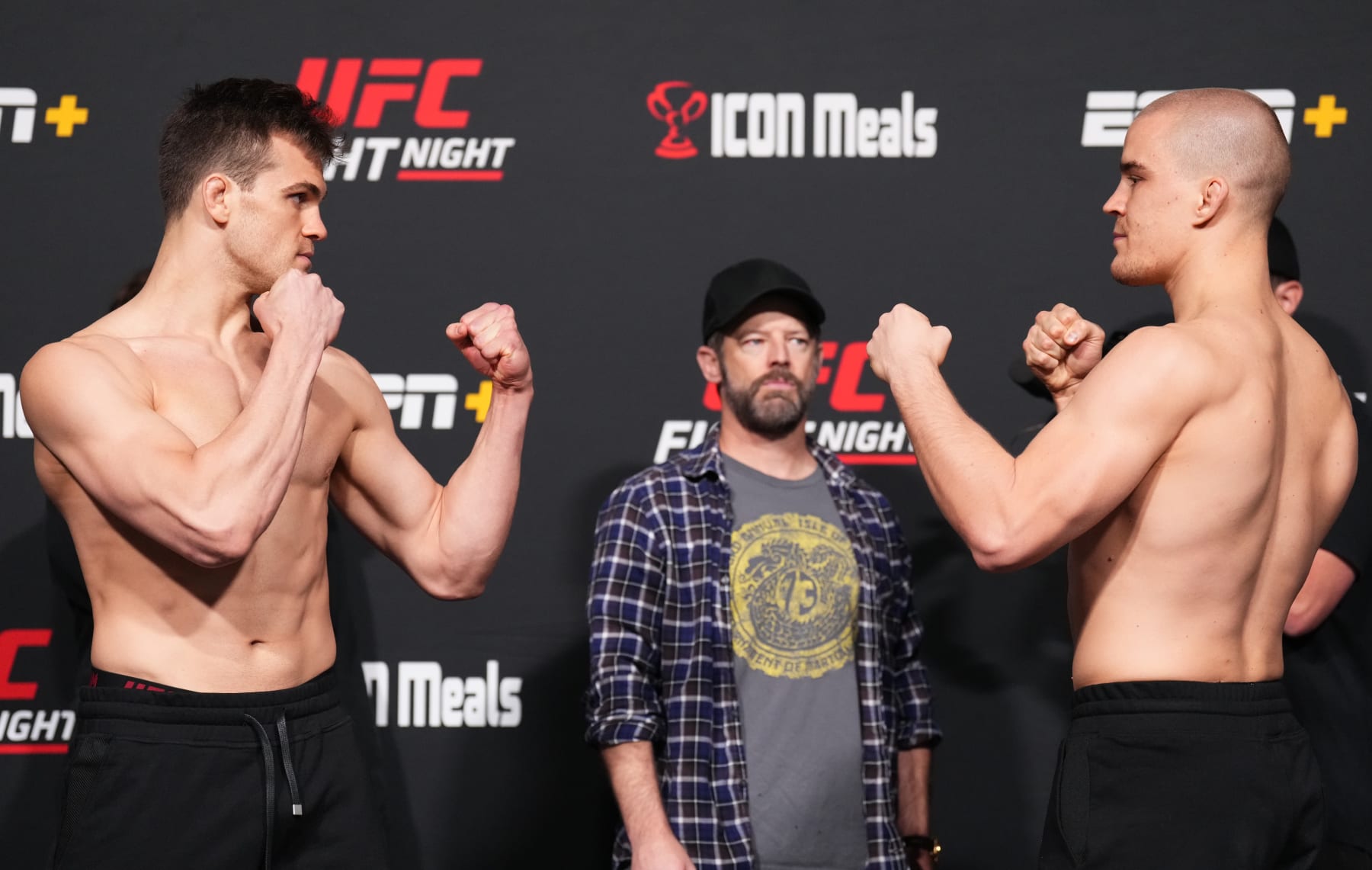 LAS VEGAS, NEVADA - OCTOBER 14: (L-R) Opponents Jordan Wright and Dusko Todorovic of Montenegro face off during the UFC Fight Night weigh-in at UFC APEX on October 14, 2022 in Las Vegas, Nevada. (Photo by Chris Unger/Zuffa LLC)