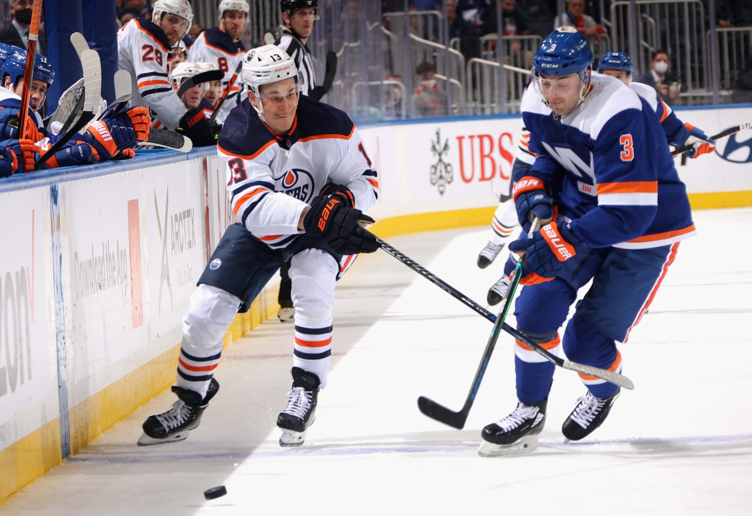 ELMONT, NEW YORK - JANUARY 01: Jesse Puljujarvi #13 of the Edmonton Oilers skates against the New York Islanders at UBS Arena on January 01, 2022 in Elmont, New York. (Photo by Bruce Bennett/Getty Images)