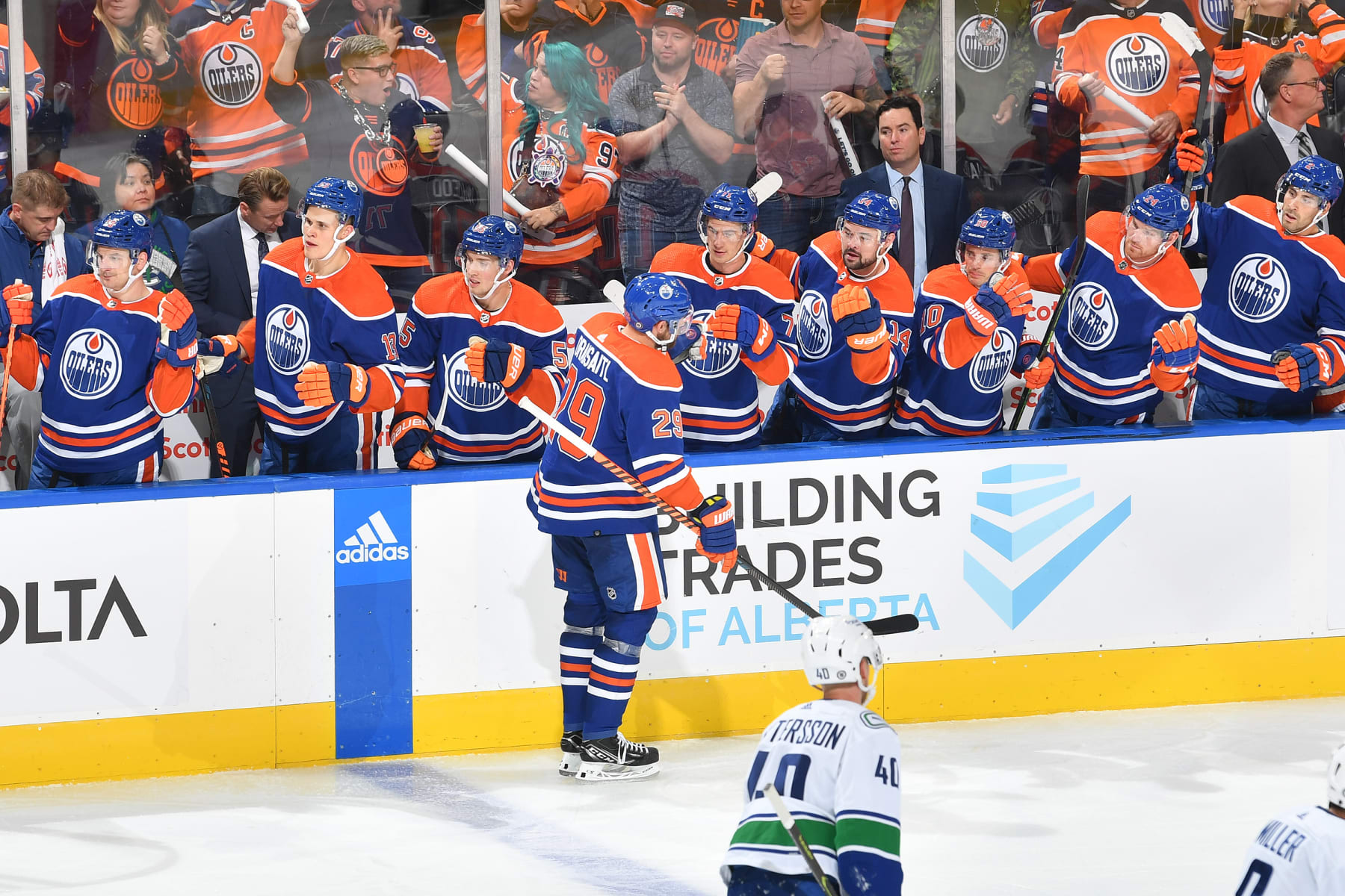 EDMONTON, AB - OCTOBER 12:  Leon Draisaitl #29 of the Edmonton Oilers celebrates after a goal during the game against the Vancouver Canucks on October 12, 2022 at Rogers Place in Edmonton, Alberta, Canada. (Photo by Andy Devlin/NHLI via Getty Images)