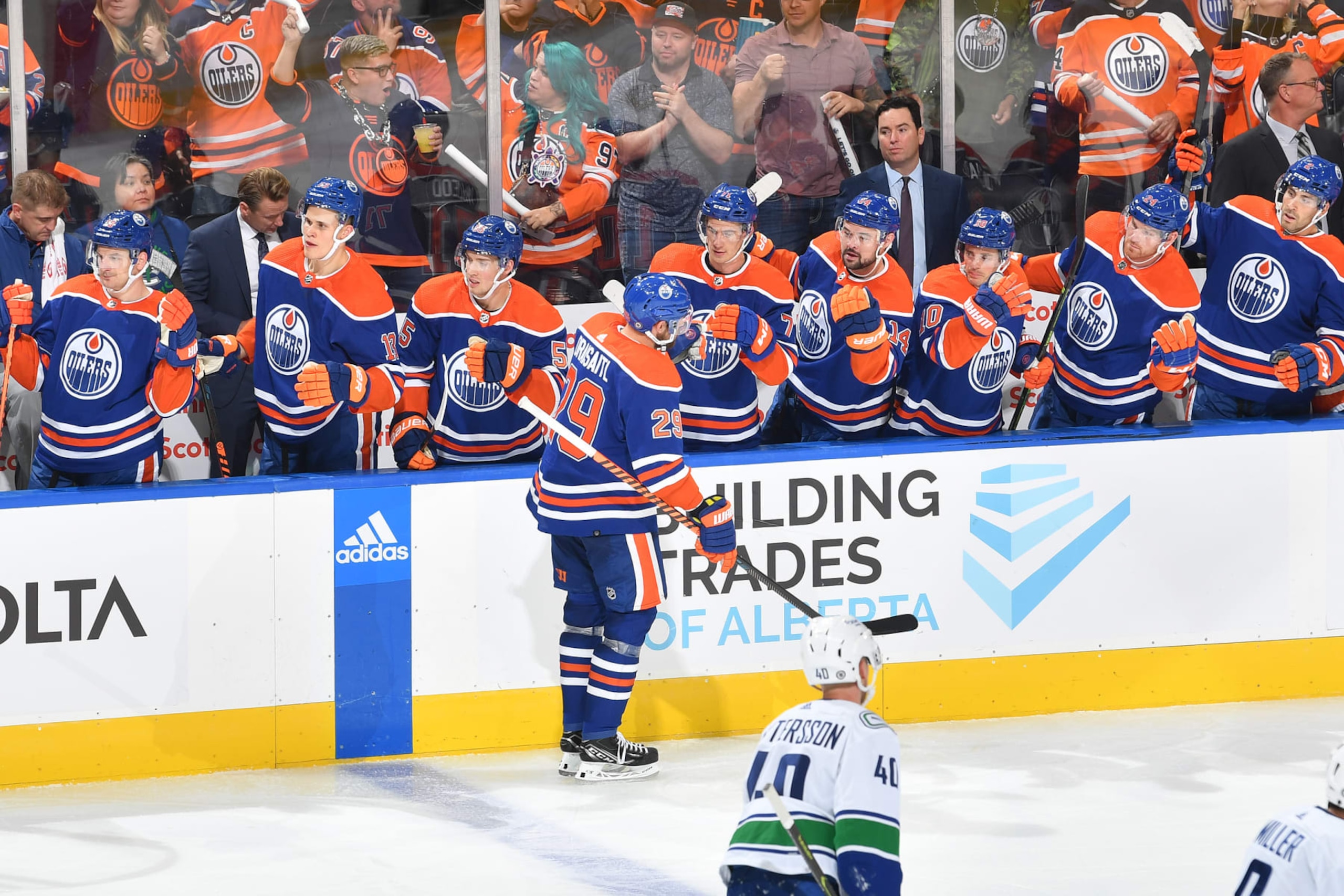 EDMONTON, AB - OCTOBER 12:  Leon Draisaitl #29 of the Edmonton Oilers celebrates after a goal during the game against the Vancouver Canucks on October 12, 2022 at Rogers Place in Edmonton, Alberta, Canada. (Photo by Andy Devlin/NHLI via Getty Images)