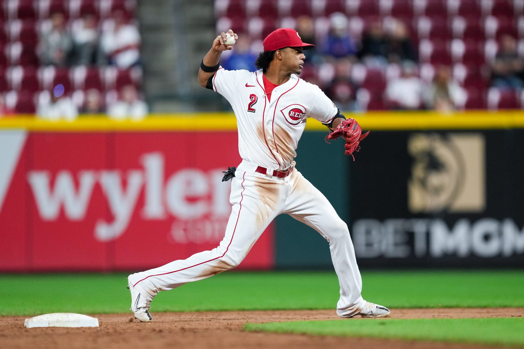 CINCINNATI, OHIO - OCTOBER 03: Jose Barrero #2 of the Cincinnati Reds throws to first base in the ninth inning against the Chicago Cubs at Great American Ball Park on October 03, 2022 in Cincinnati, Ohio. (Photo by Dylan Buell/Getty Images)