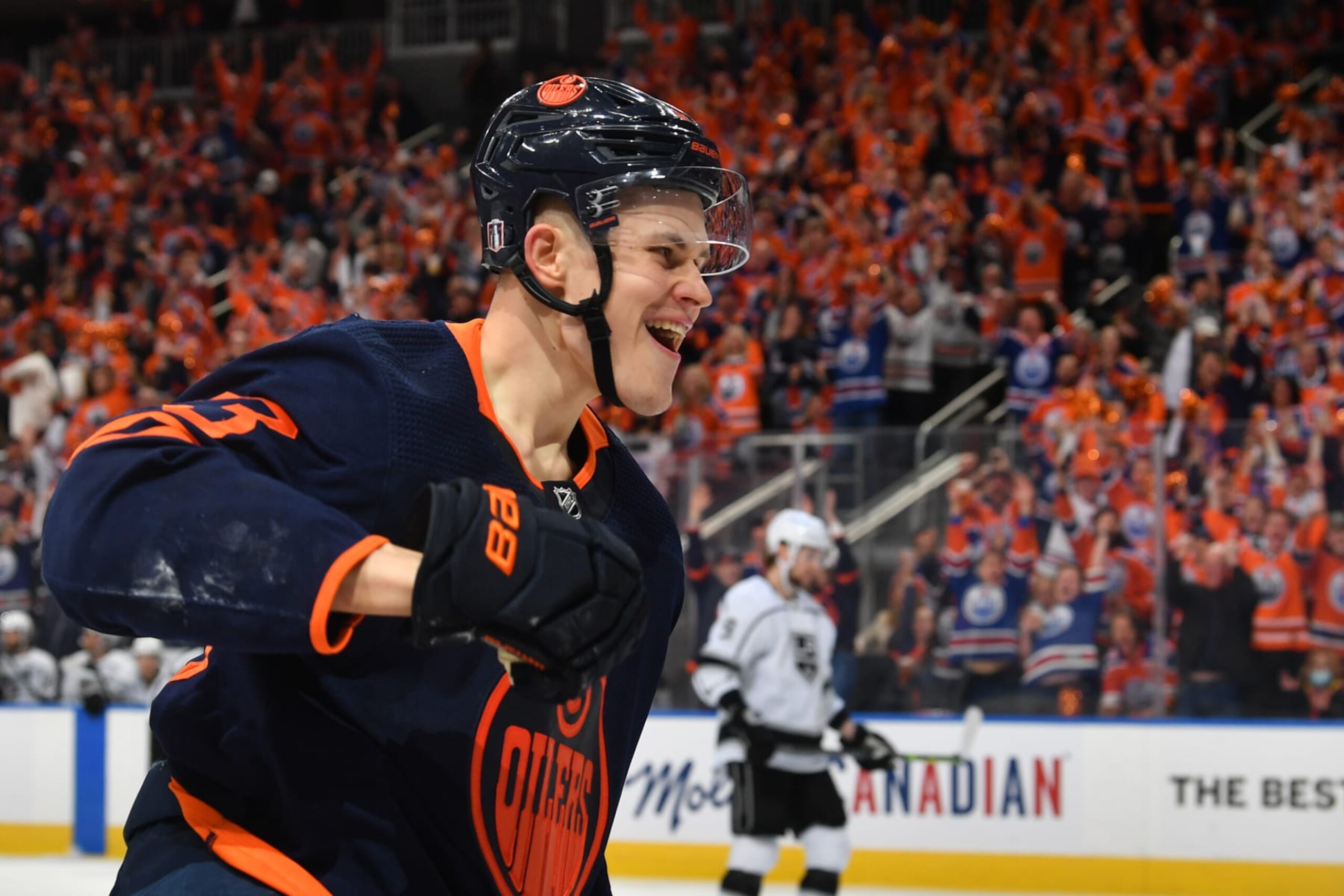 EDMONTON, AB - MAY 4: Jesse Puljujarvi #13 of the Edmonton Oilers celebrates after a goal during Game Two of the First Round of the 2022 Stanley Cup Playoffs against the Los Angeles Kings on May 4, 2022 at Rogers Place in Edmonton, Alberta, Canada. (Photo by Andy Devlin/NHLI via Getty Images)