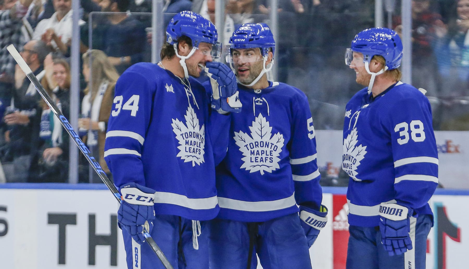 NO PHOTO CREDIT 
 NO PHOTO CREDIT 


TORONTO, ON - OCTOBER 13: Toronto Maple Leafs center Auston Matthews (34), Toronto Maple Leafs defenseman Mark Giordano (55) and Toronto Maple Leafs defenseman Rasmus Sandin (38) after Matthews goal for the Leafs third goal. Toronto Maple Leafs vs Washington Capitals during 3rd period play NHL regular season action at Scotiabank Arena in Toronto. Leafs won 3-2. Toronto Star        (Rick Madonik/Toronto Star via Getty Images)