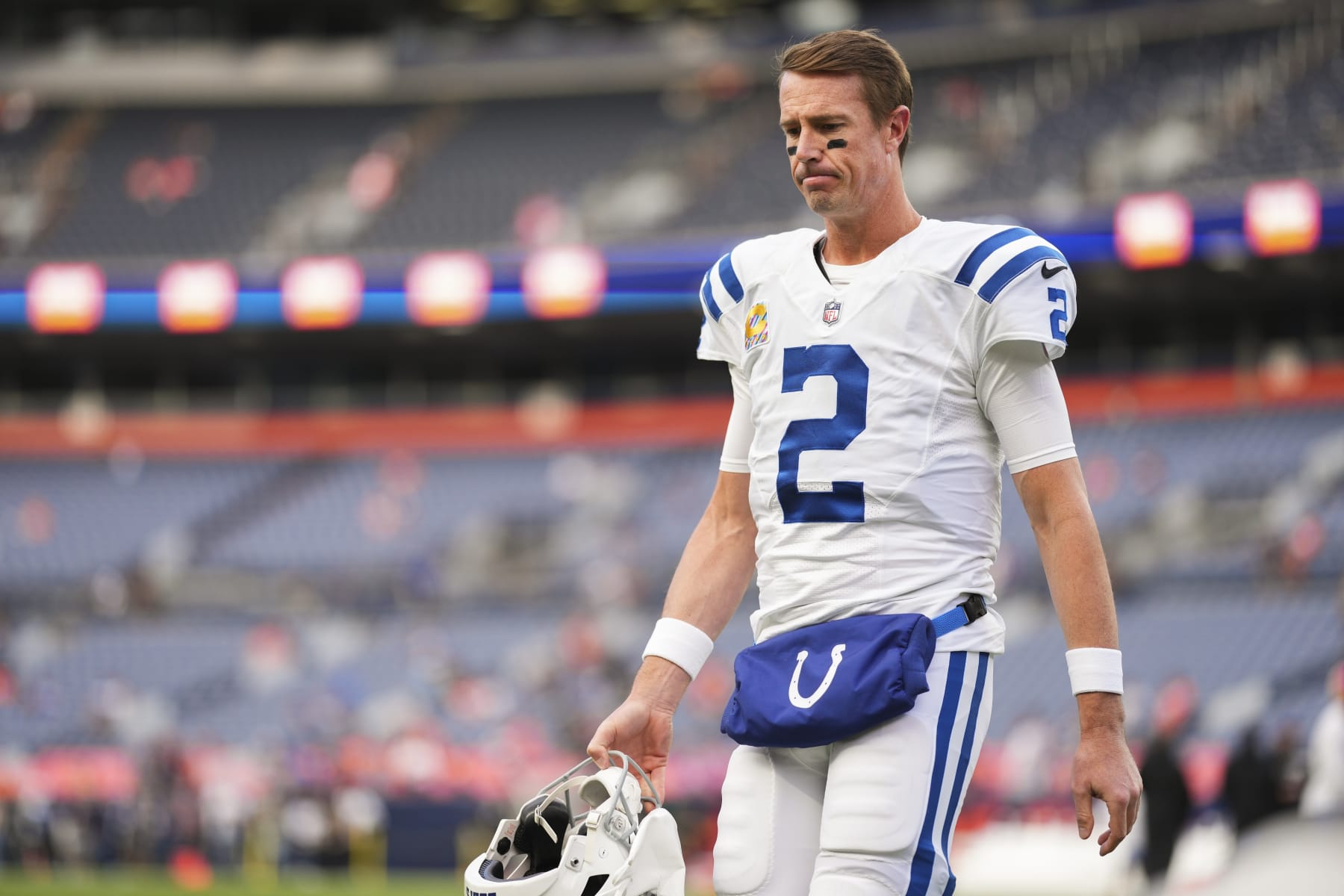 DENVER, CO - OCTOBER 06: Matt Ryan #2 of the Indianapolis Colts warms up against the Denver Broncos at Empower Field at Mile High on October 6, 2022 in Denver, Texas. (Photo by Cooper Neill/Getty Images)