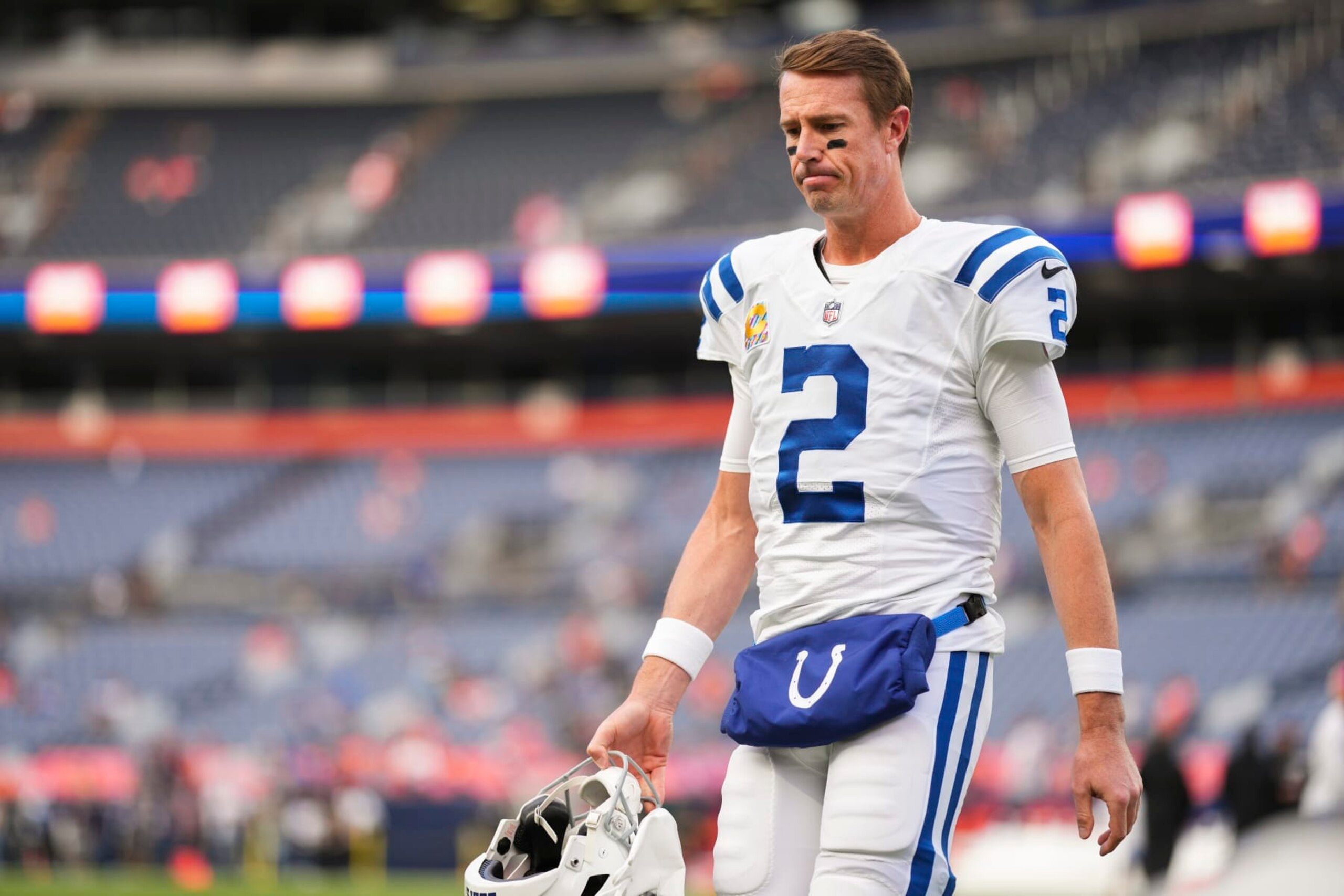 DENVER, CO - OCTOBER 06: Matt Ryan #2 of the Indianapolis Colts warms up against the Denver Broncos at Empower Field at Mile High on October 6, 2022 in Denver, Texas. (Photo by Cooper Neill/Getty Images)