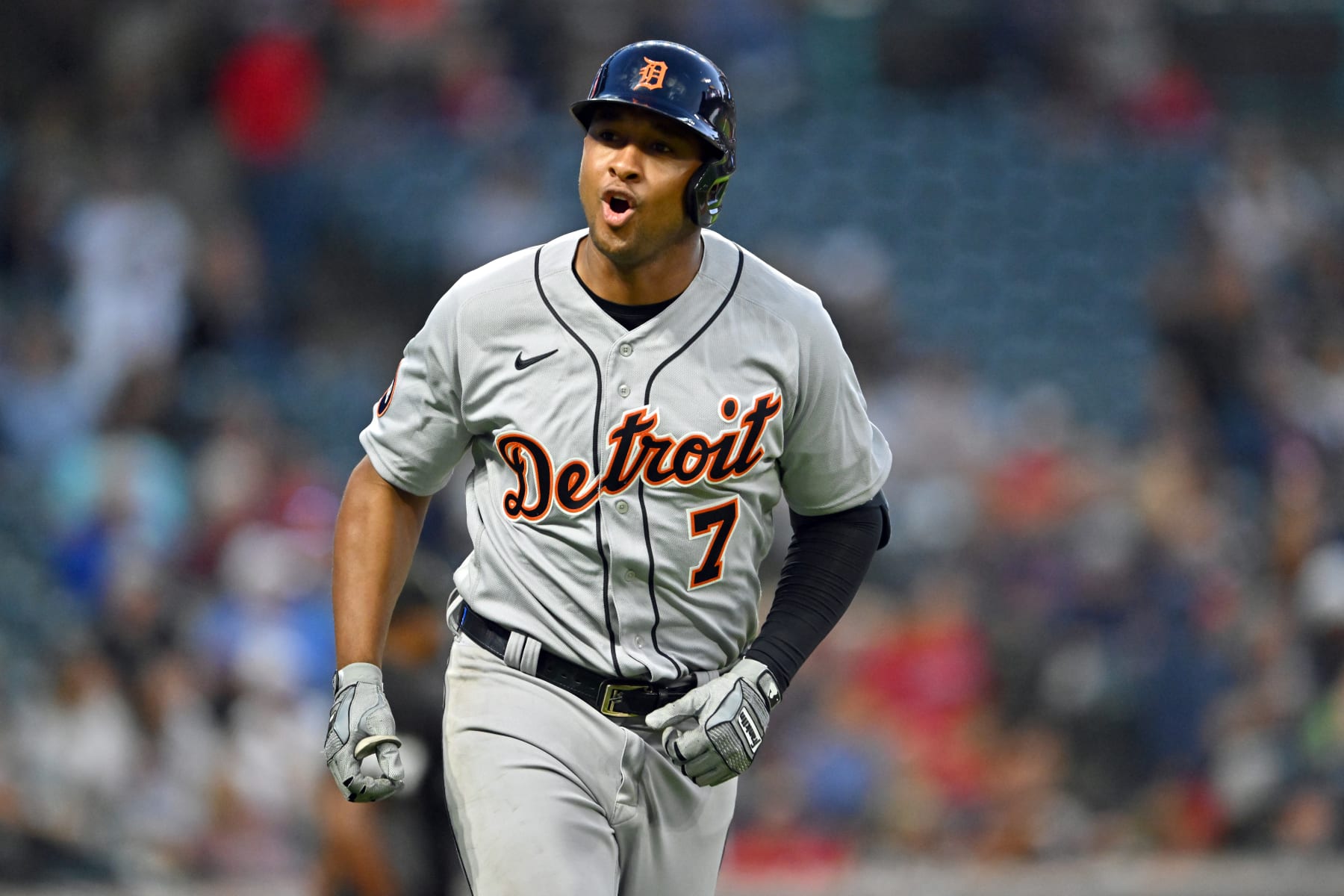 CLEVELAND, OHIO - AUGUST 15: Jonathan Schoop #7 of the Detroit Tigers celebrates a solo home run in the sixth inning of the second game of a doubleheader against the Cleveland Guardians at Progressive Field on August 15, 2022 in Cleveland, Ohio. (Photo by Jason Miller/Getty Images)