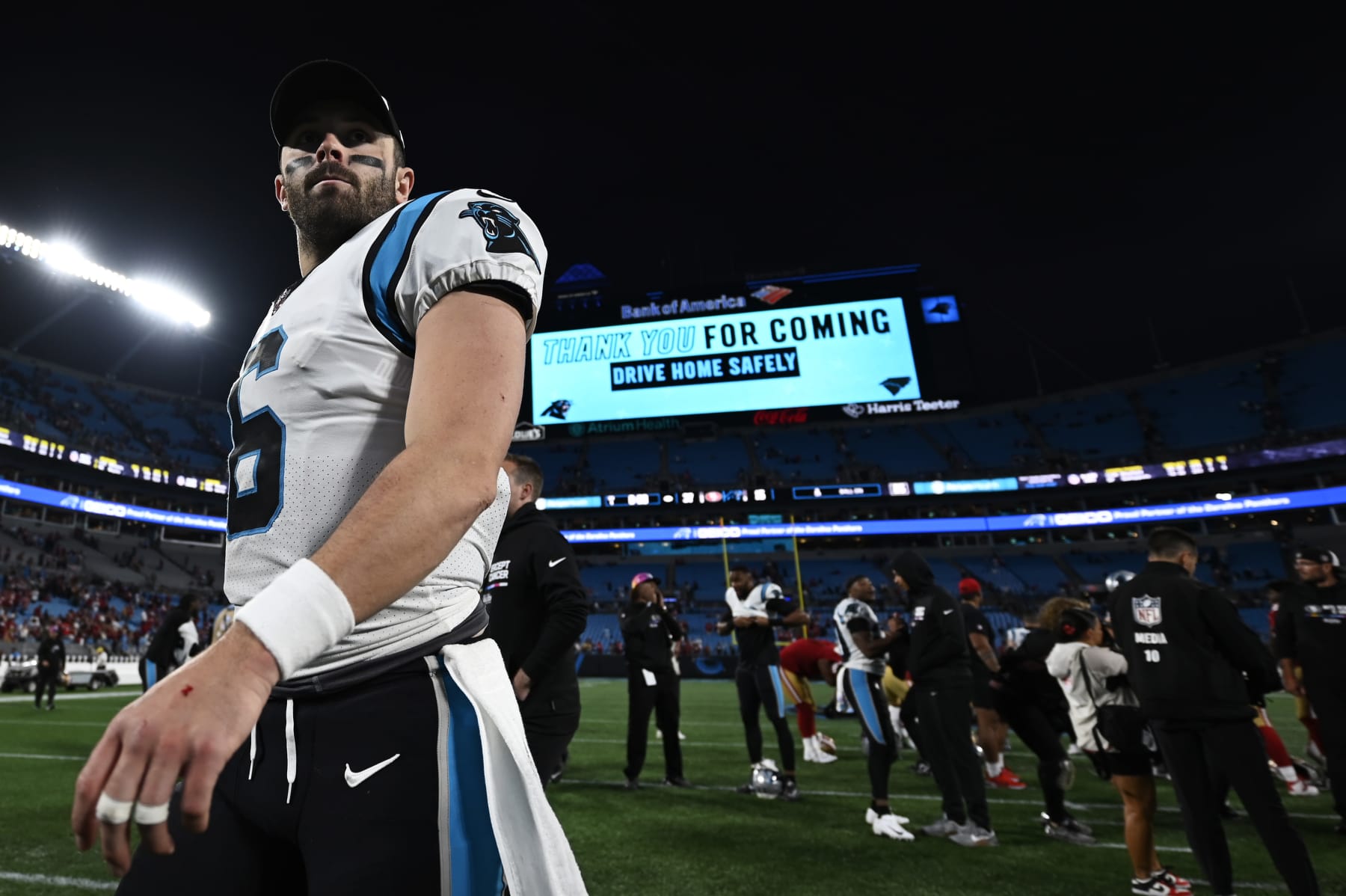CHARLOTTE, NORTH CAROLINA - OCTOBER 09: Baker Mayfield #6 of the Carolina Panthers walks off the field following their loss to the San Francisco 49ers at Bank of America Stadium on October 09, 2022 in Charlotte, North Carolina. (Photo by Eakin Howard/Getty Images)