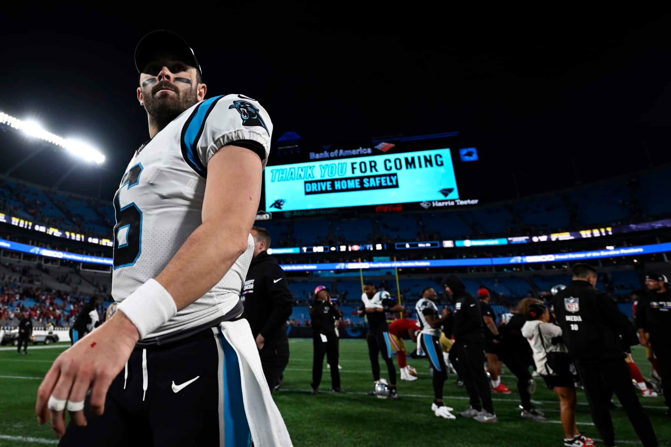 CHARLOTTE, NORTH CAROLINA - OCTOBER 09: Baker Mayfield #6 of the Carolina Panthers walks off the field following their loss to the San Francisco 49ers at Bank of America Stadium on October 09, 2022 in Charlotte, North Carolina. (Photo by Eakin Howard/Getty Images)