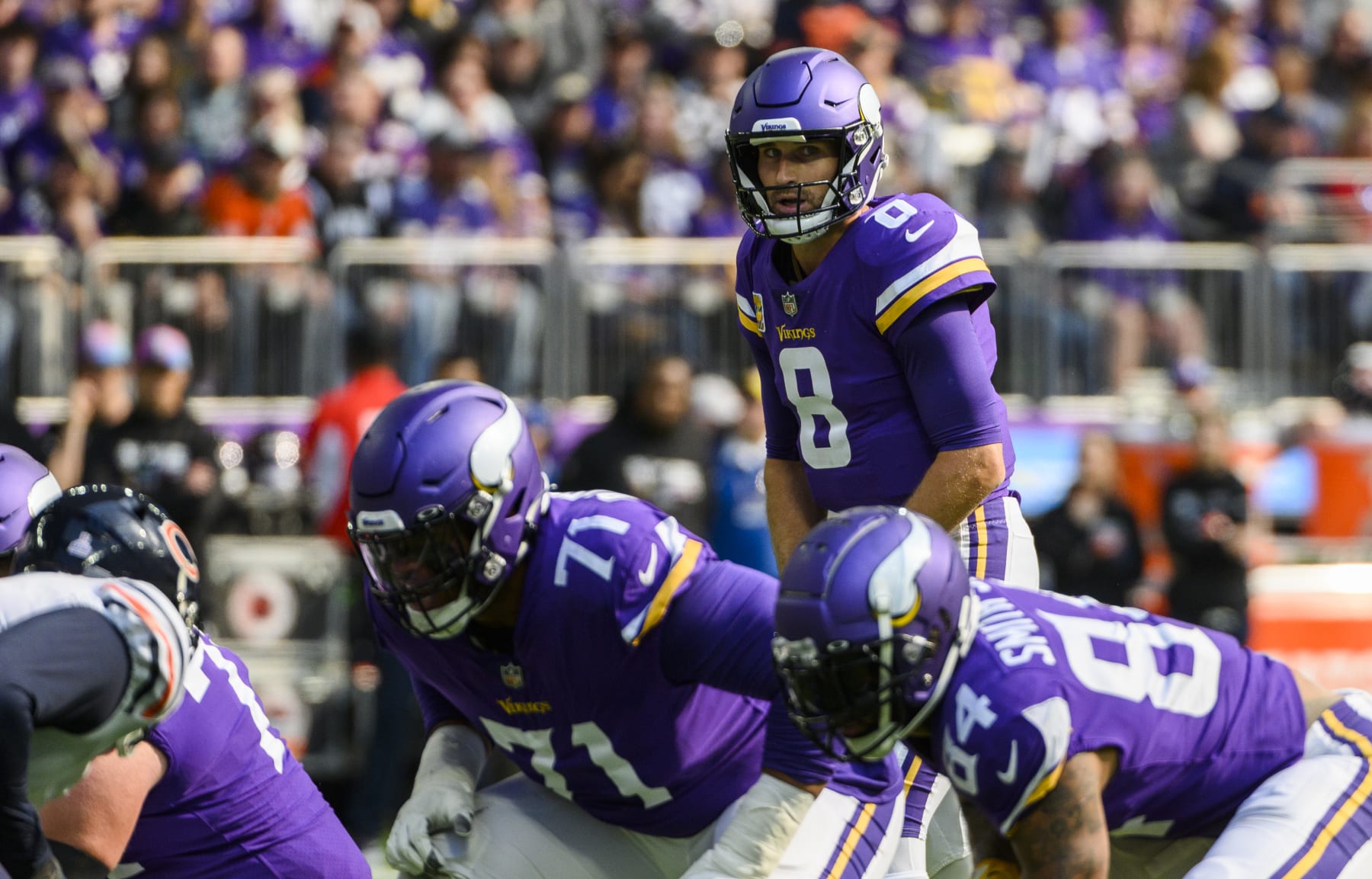 MINNEAPOLIS, MN - OCTOBER 09: Kirk Cousins #8 of the Minnesota Vikings stands at the line of scrimmage in the first quarter of the game against the Chicago Bears at U.S. Bank Stadium on October 9, 2022 in Minneapolis, Minnesota. (Photo by Stephen Maturen/Getty Images)