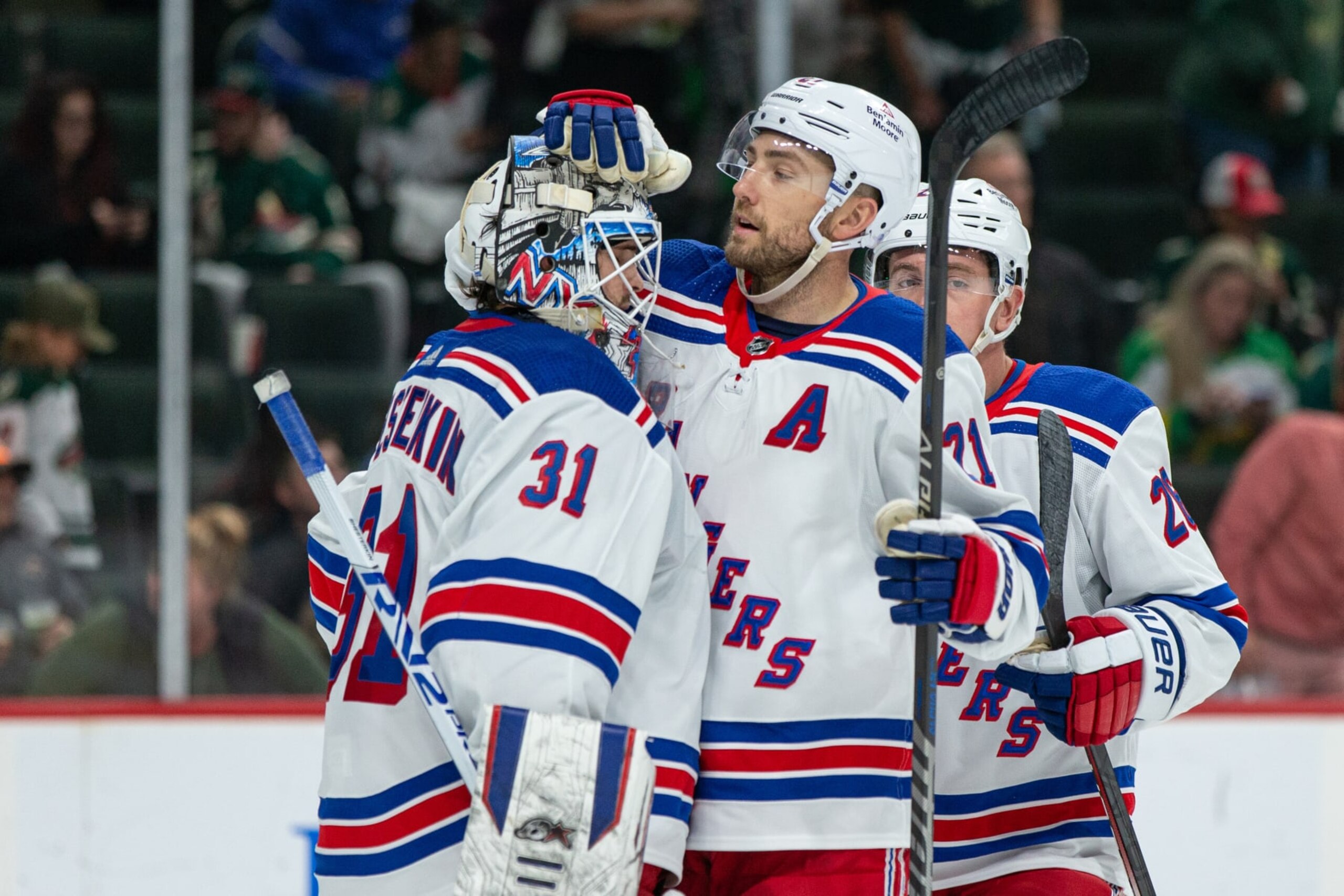 SAINT PAUL, MN - OCTOBER 13: New York Rangers Winger Barclay Goodrow (21) celebrates a win with New York Rangers Goalie Igor Shesterkin (31) after the NHL game between the New York Rangers and Minnesota Wild on October 13th, 2022, at Xcel Energy Center in Saint Paul, MN. (Photo by Bailey Hillesheim/Icon Sportswire via Getty Images)