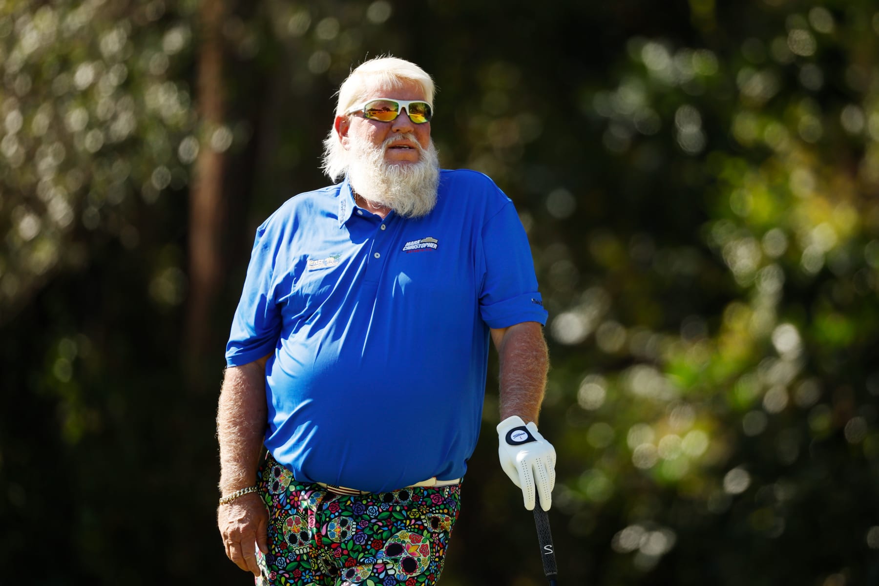 JACKSONVILLE, FLORIDA - OCTOBER 07: John Daly of the United States reacts to his shot from the fourth tee during the first round of the Constellation FURYK & FRIENDS at Timuquana Country Club on October 07, 2022 in Jacksonville, Florida. (Photo by Cliff Hawkins/Getty Images)