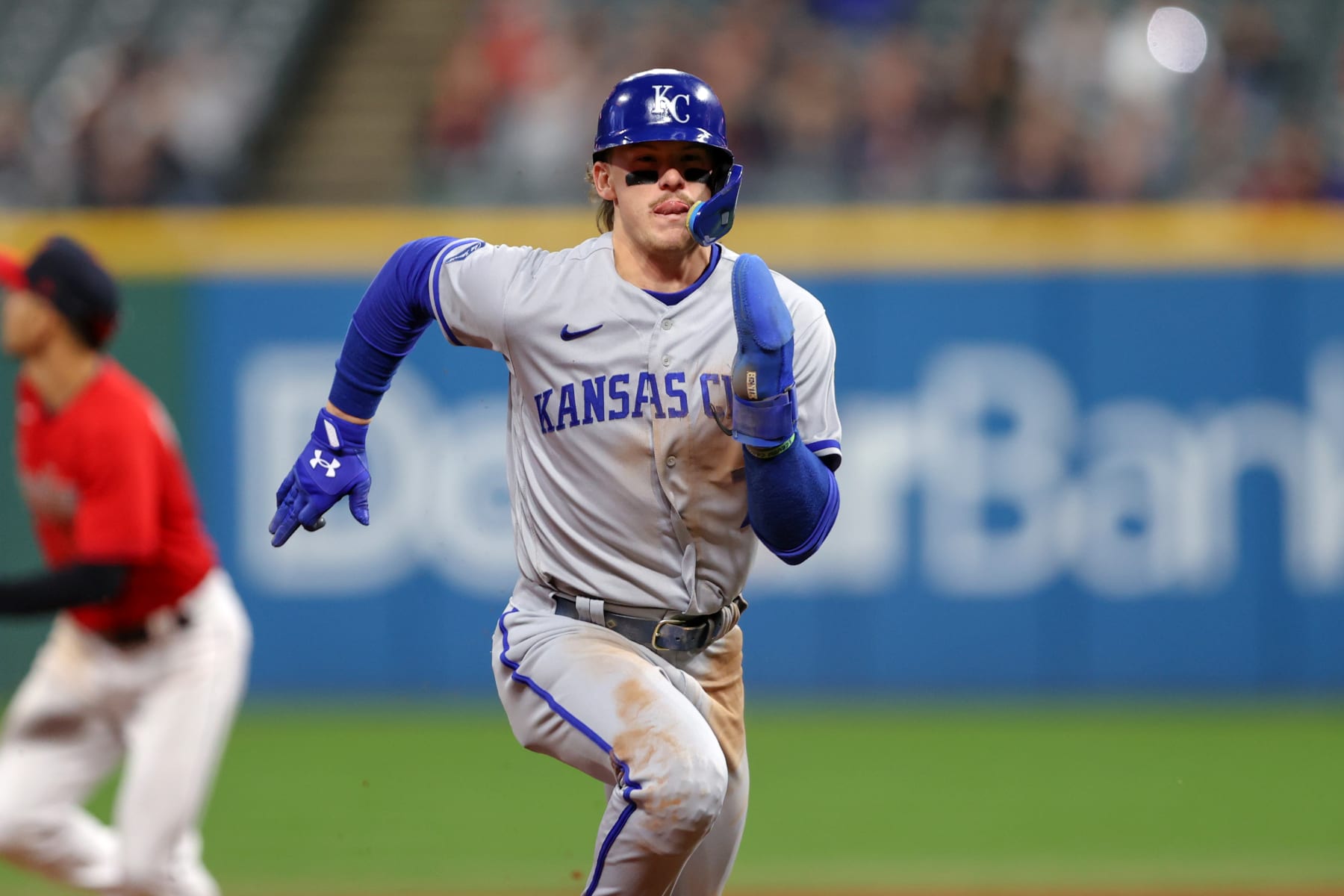 CLEVELAND, OH - OCTOBER 03: Kansas City Royals shortstop Bobby Witt Jr. (7) advances to third base son a fly ball during the sixth inning of the Major League Baseball game between the Kansas City Royals and Cleveland Guardians on October 3, 2022, at Progressive Field in Cleveland, OH. (Photo by Frank Jansky/Icon Sportswire via Getty Images)