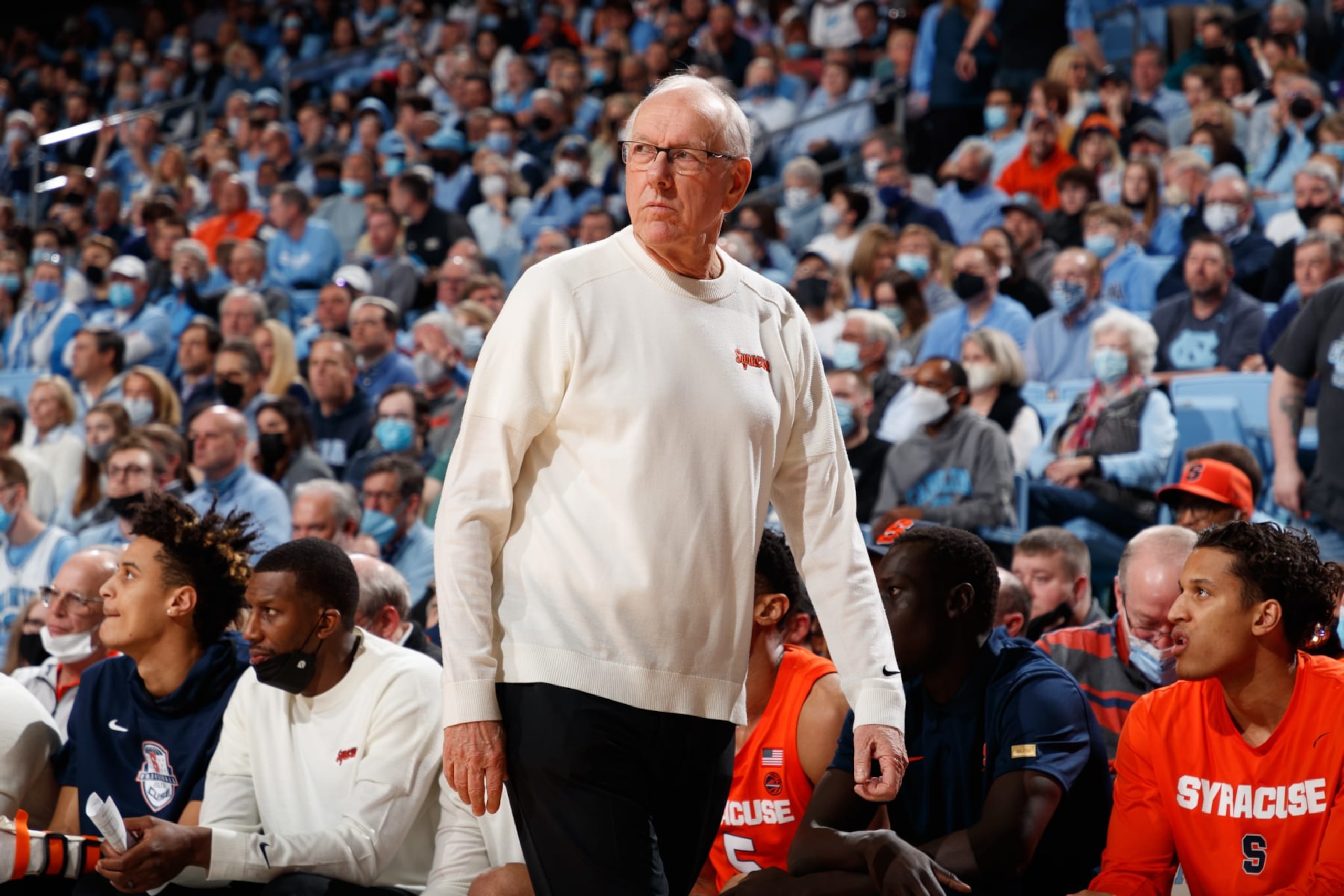 CHAPEL HILL, NC - FEBRUARY 28: Head coach Jim Boeheim of the Syracuse Orange coaches against the North Carolina Tar Heels on February 28, 2022 at the Dean Smith Center in Chapel Hill, North Carolina. North Carolina won 88-79 in overtime. (Photo by Peyton Williams/UNC/Getty Images)