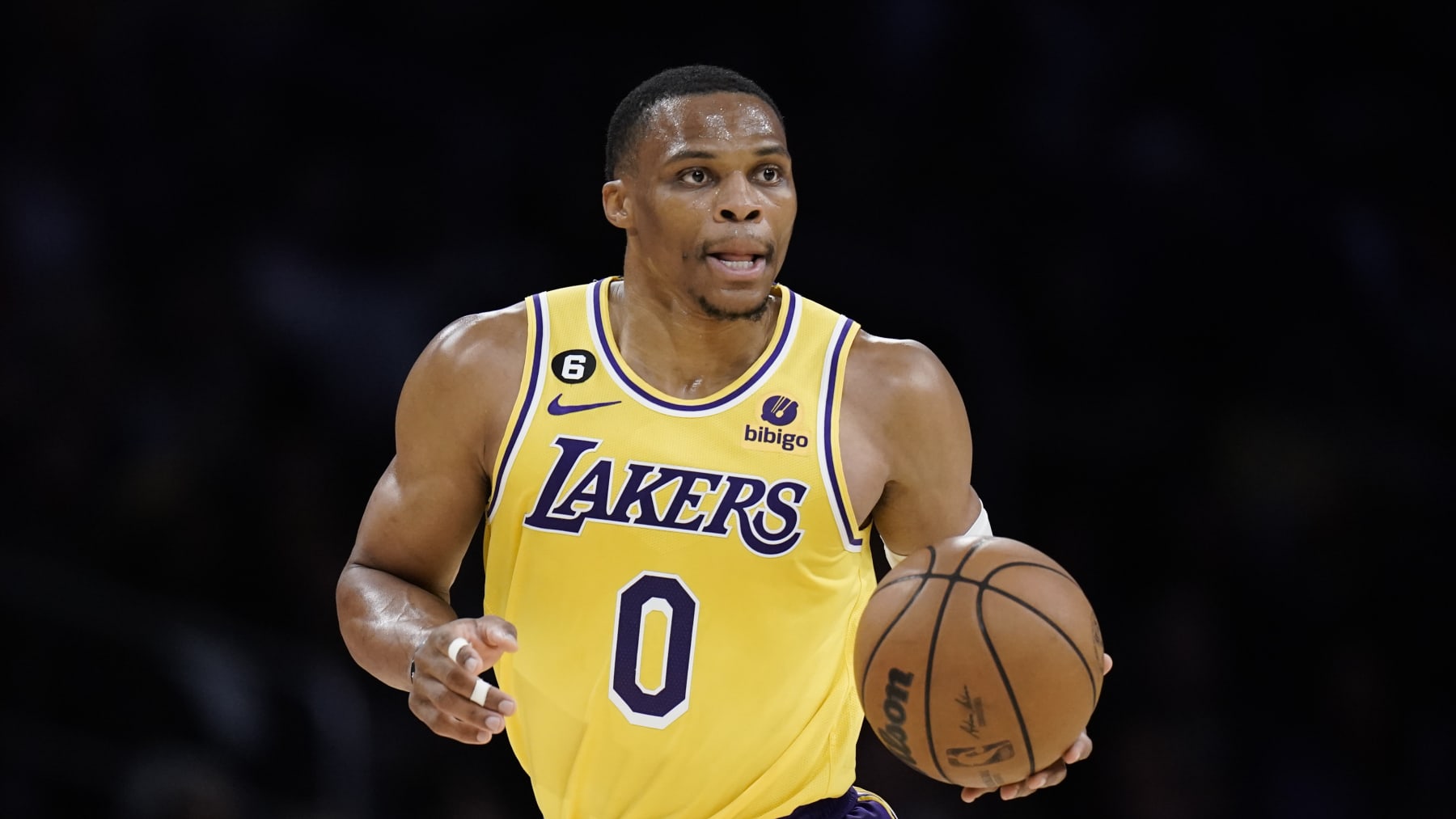 Los Angeles Lakers' Russell Westbrook dribbles the ball during first half of an NBA preseason basketball game against the Minnesota Timberwolves Wednesday, Oct. 12, 2022, in Los Angeles. (AP Photo/Jae C. Hong)