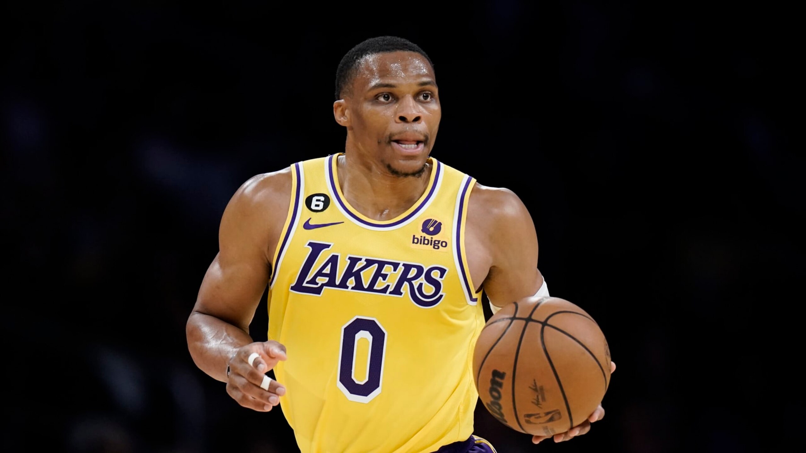 Los Angeles Lakers' Russell Westbrook dribbles the ball during first half of an NBA preseason basketball game against the Minnesota Timberwolves Wednesday, Oct. 12, 2022, in Los Angeles. (AP Photo/Jae C. Hong)