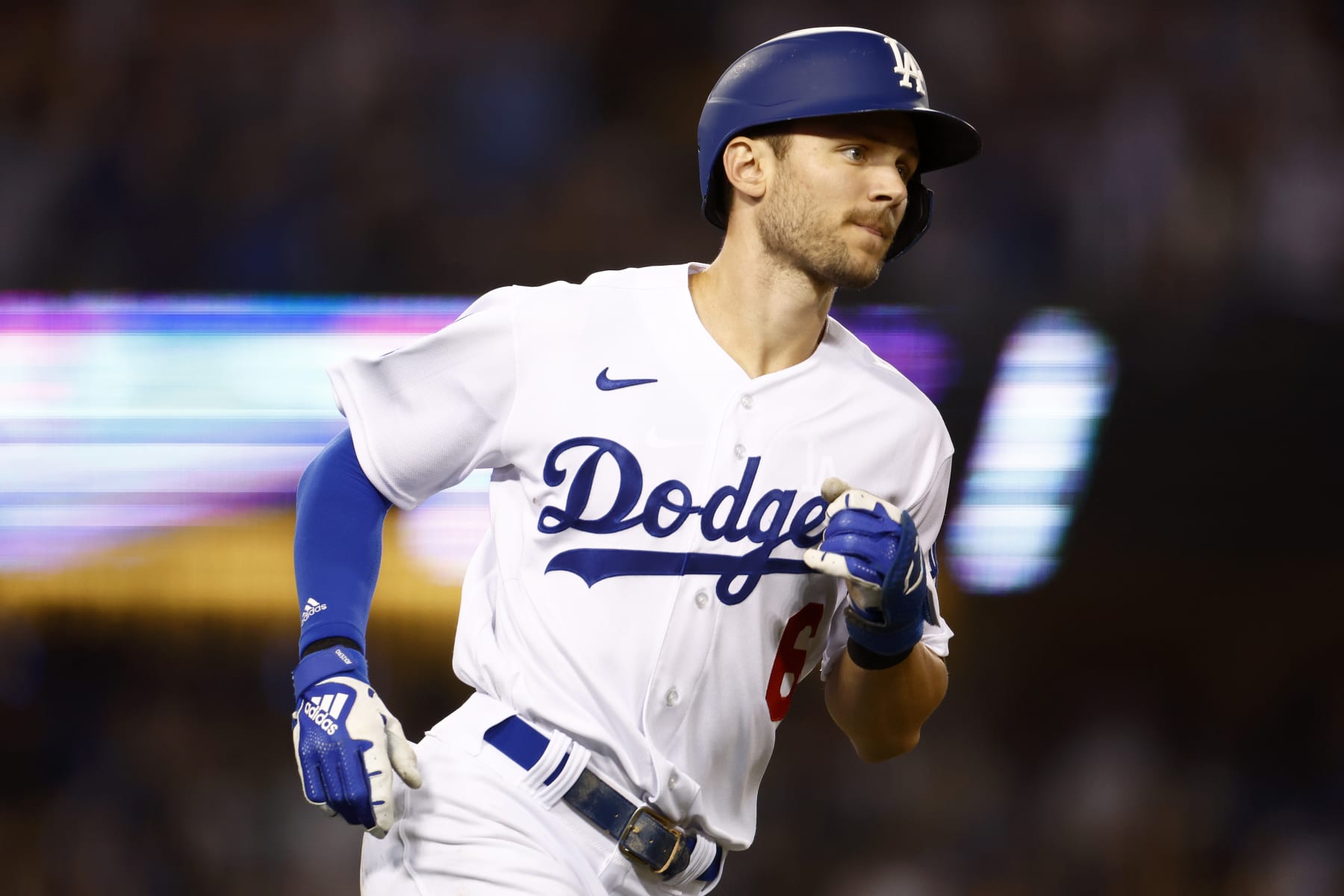LOS ANGELES, CALIFORNIA - OCTOBER 12: Trea Turner #6 of the Los Angeles Dodgers runs the bases after hitting a solo home run in the third inning in game two of the National League Division Series against the San Diego Padres at Dodger Stadium on October 12, 2022 in Los Angeles, California. (Photo by Ronald Martinez/Getty Images)