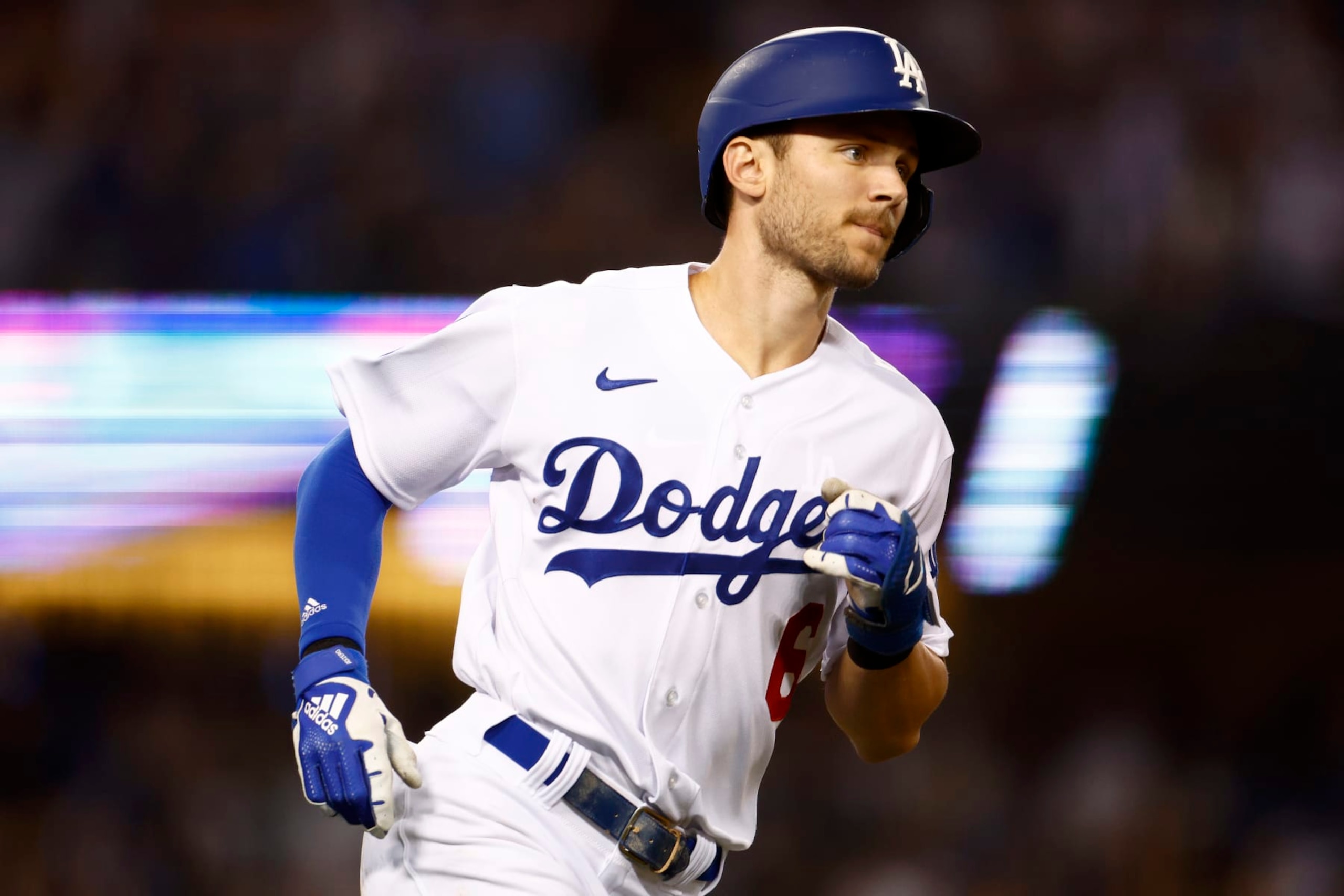 LOS ANGELES, CALIFORNIA - OCTOBER 12: Trea Turner #6 of the Los Angeles Dodgers runs the bases after hitting a solo home run in the third inning in game two of the National League Division Series against the San Diego Padres at Dodger Stadium on October 12, 2022 in Los Angeles, California. (Photo by Ronald Martinez/Getty Images)